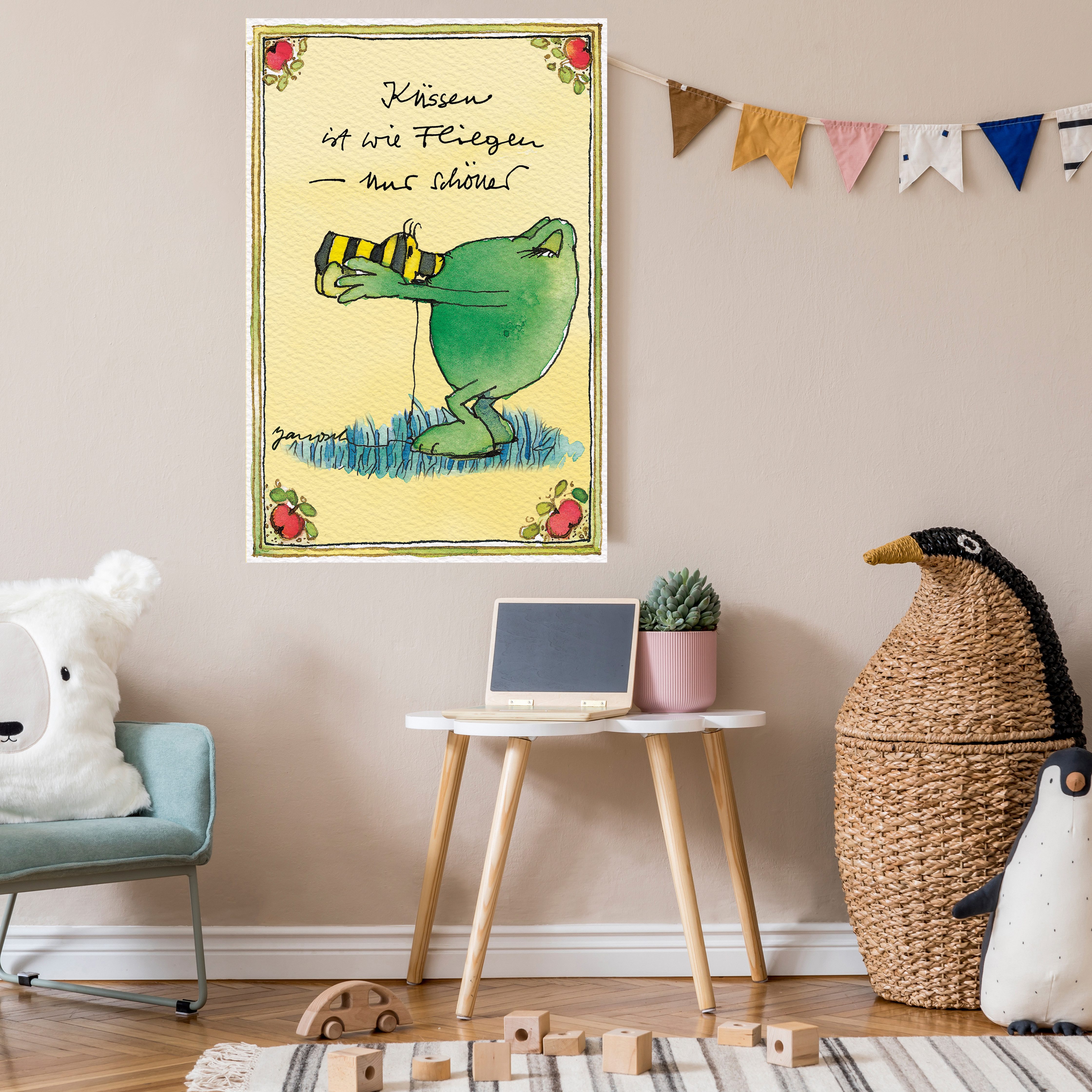 LuckyLinde Leinwandbild Der Froch und die Tigerente - Küssen ist…, Ente, Figuren, Filmfiguren, Frosch, Motivationsbilder, Schriftzug, Tiere, Tiger (1 St), Exklusive JANOSCH Kindermotive