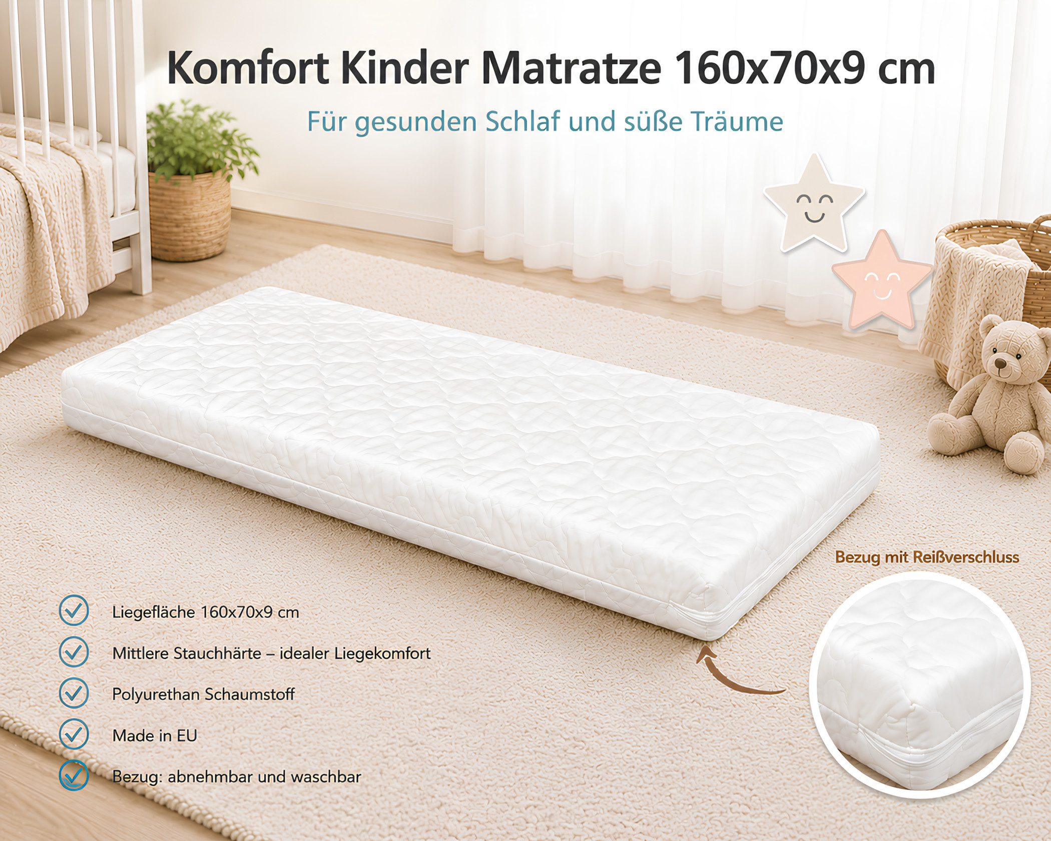 Kindermatratze Kindermatratze 160x70 cm, Baby-Delux, 9.00 cm hoch, Komfort 160x70x9 cm für Kinderbett Kindermatratze mit gestepptem Bezug – Bild 2 von 3
