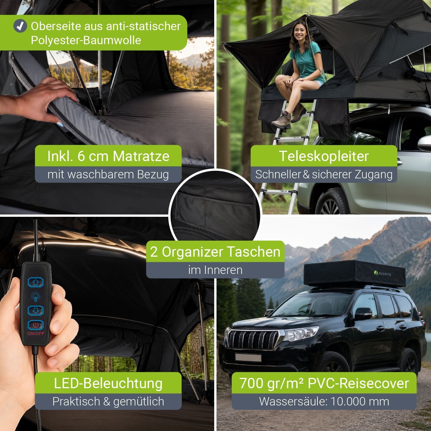 Juskys Dachzelt Lago, Wasserdicht, Teleskopleiter, 2 Personen Zelt, LED Beleuchtung