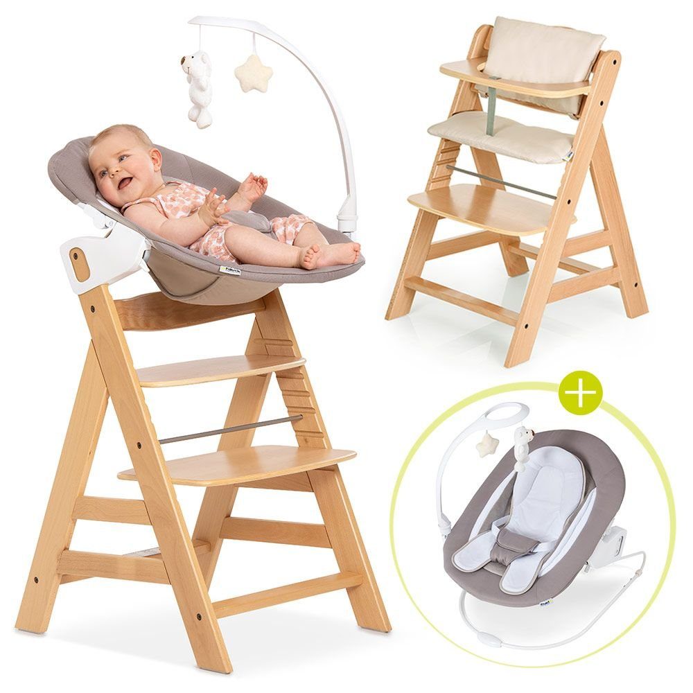 Hauck Hochstuhl Alpha Plus Natur - Newborn Set (Set, 4 St), Holz Babystuhl ab Geburt inkl. Aufsatz für Neugeborene & Sitzauflage | Mitwachsende Hochstühle