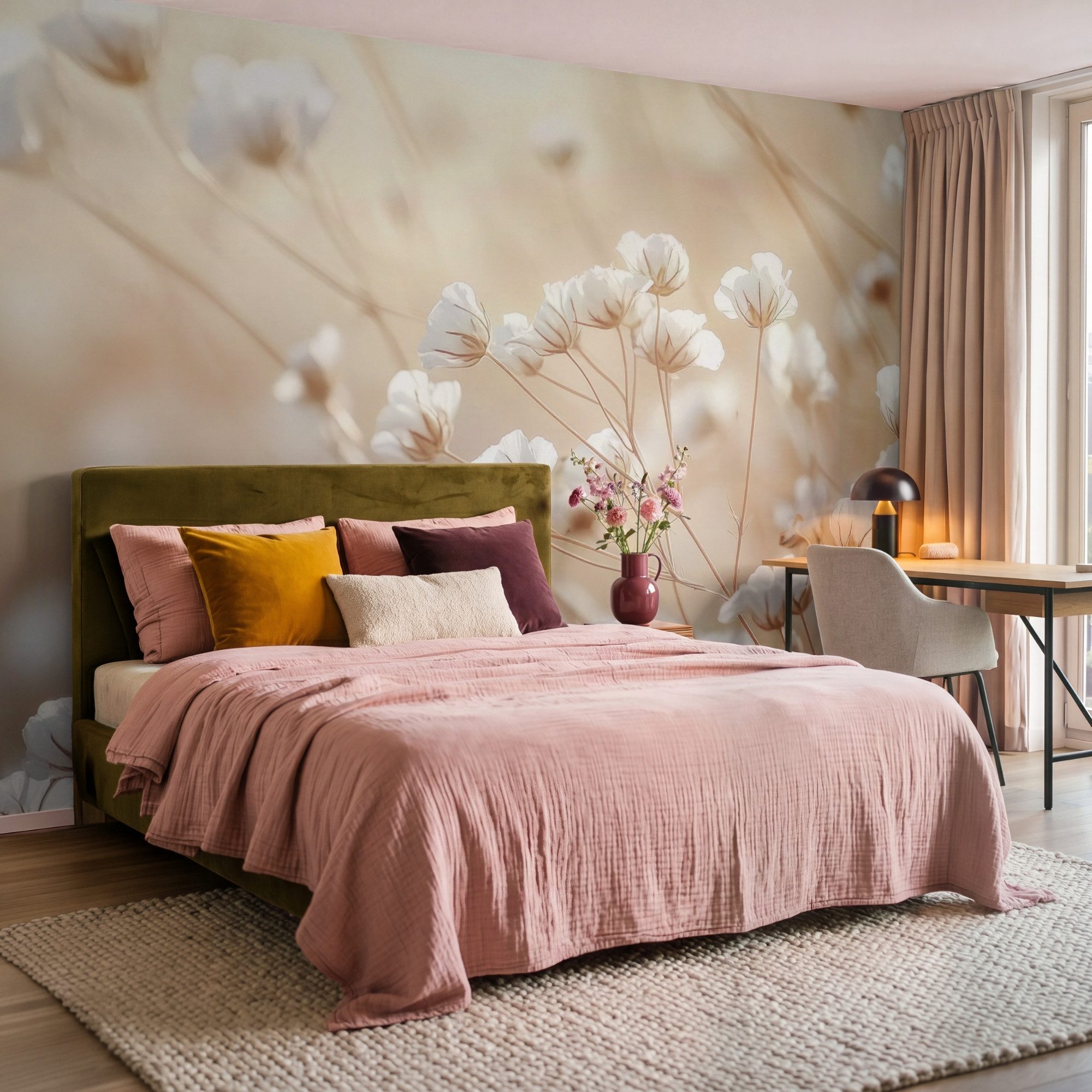 OnlyWow Fototapete Wild - Blumen - Weiß, Matt, bedruckt, Wohnzimmer, Modern, Wanddekoration, Vliestapete 100x70cm – Bild 4 von 5