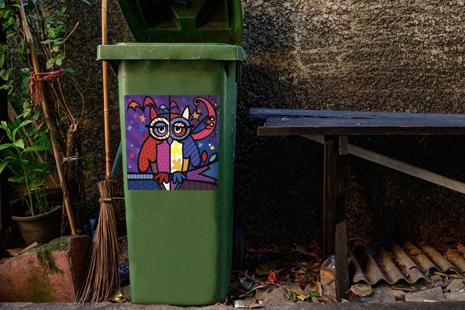 MuchoWow Wandsticker Eine Illustration Mülltonne, einer Pop-Art Abfalbehälter der Mülleimer-aufkleber, Container, (1 Sticker, St), in Eule