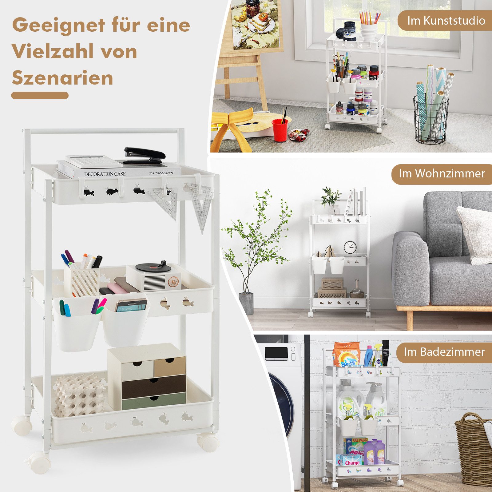 KOMFOTTEU Druckertisch, 3-Ebenen Rollwagen mit Universalrädern
