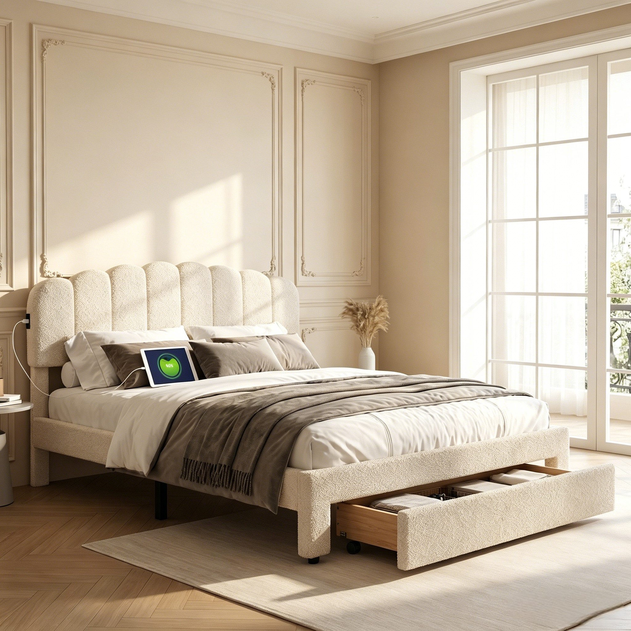 Simurq Polsterbett Doppelbett 160x200 cm mit USB, Type-C & Bettkasten, Teddyvelours Creme (Bettgestell, Stauraumbett, Komfortbett, Funktionsbett, Designbett), Höhenverstellbares Kopfteil, weicher Teddyvelours-Bezug & Lattenrost