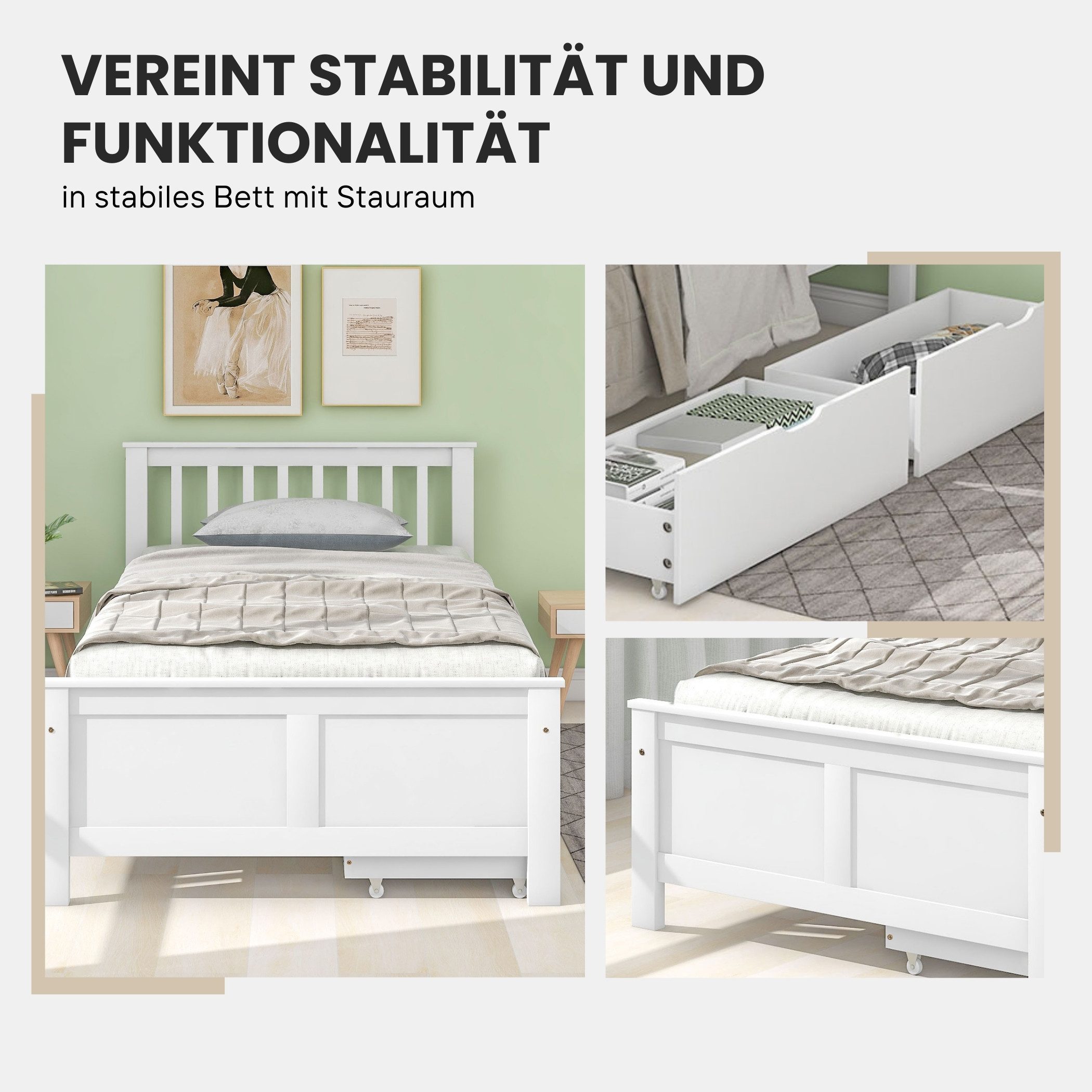 SeedWave Holzbett Nordischer Holzbett im skandinavischen Stil, Holzbett mit 2 Schubladen, Doppelbett Einzelbett Weiß, Vertikales Gitter Bett Kopfteil
