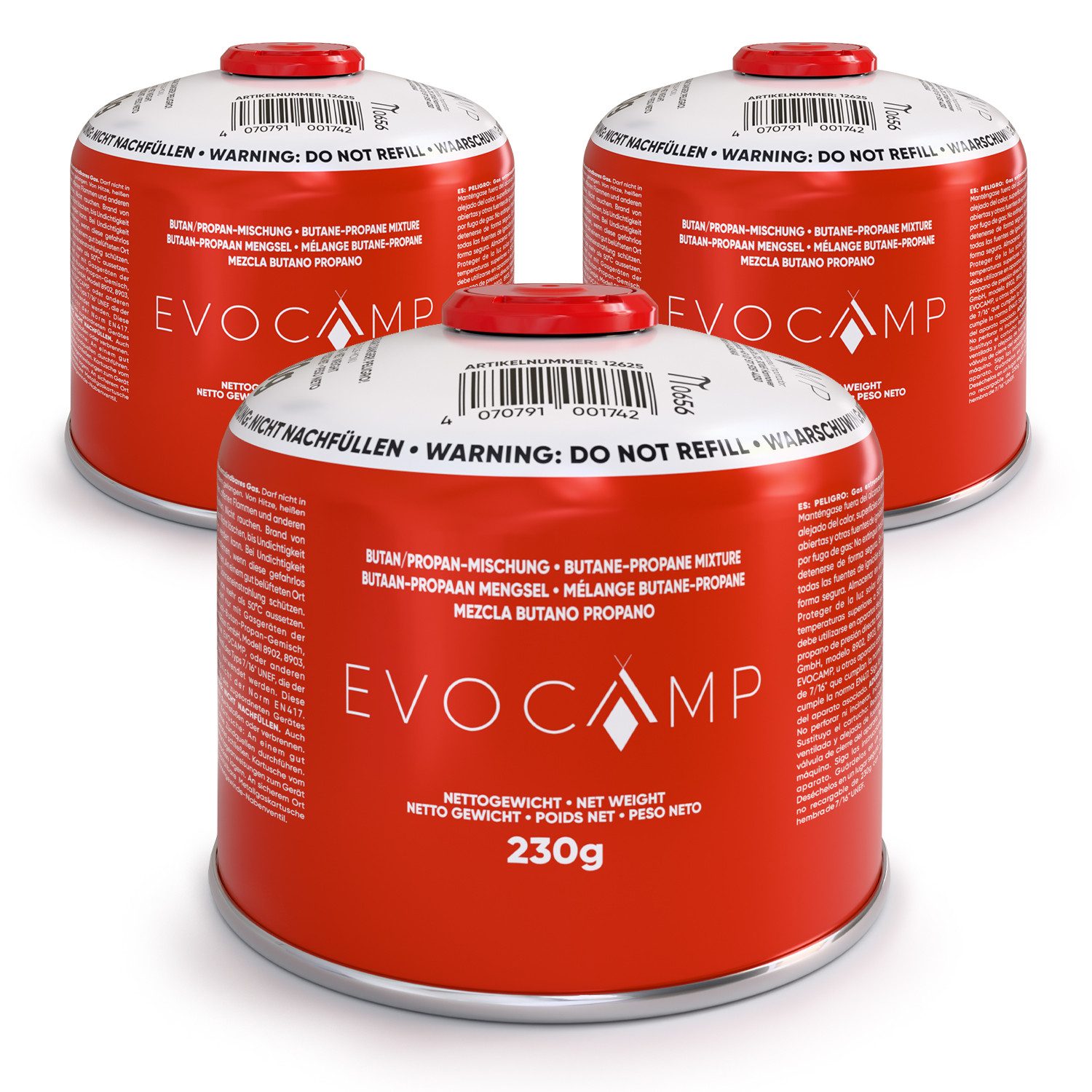 EVOCAMP Gaskartusche 230g mit Schraubventil, 7/16 Gewinde, Butan-Propan-Gas, Zubehör für Weber Grills Q100-1200-Serien, Campingkocher, Gasgrill, 3 St.