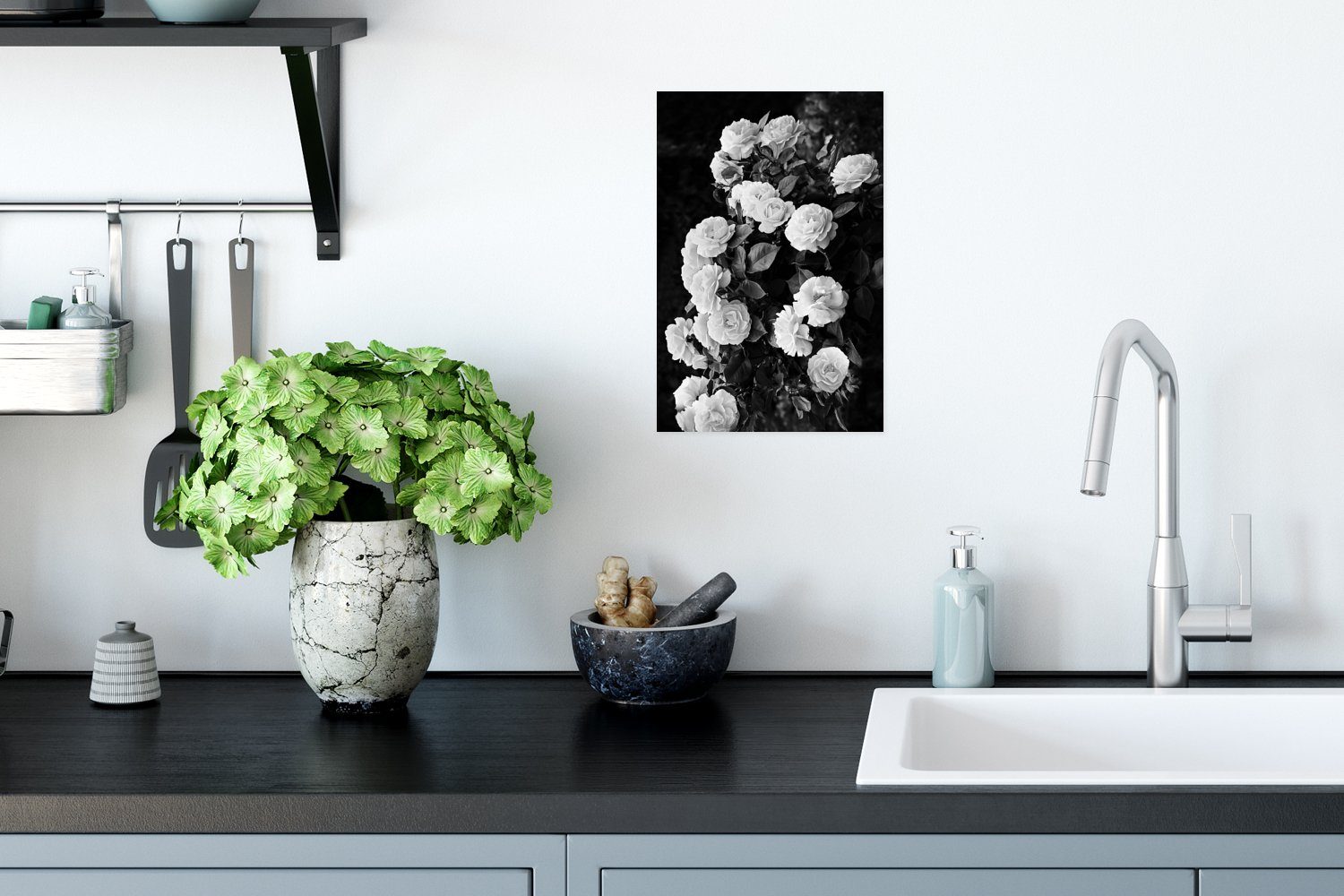 MuchoWow Poster Ohne Pflanzen - - Weiß und Wandposter Blumen Poster, Rosen, Rahmen Wohnzimmer, Schwarz Natur St), (1 Wandbild, - für 