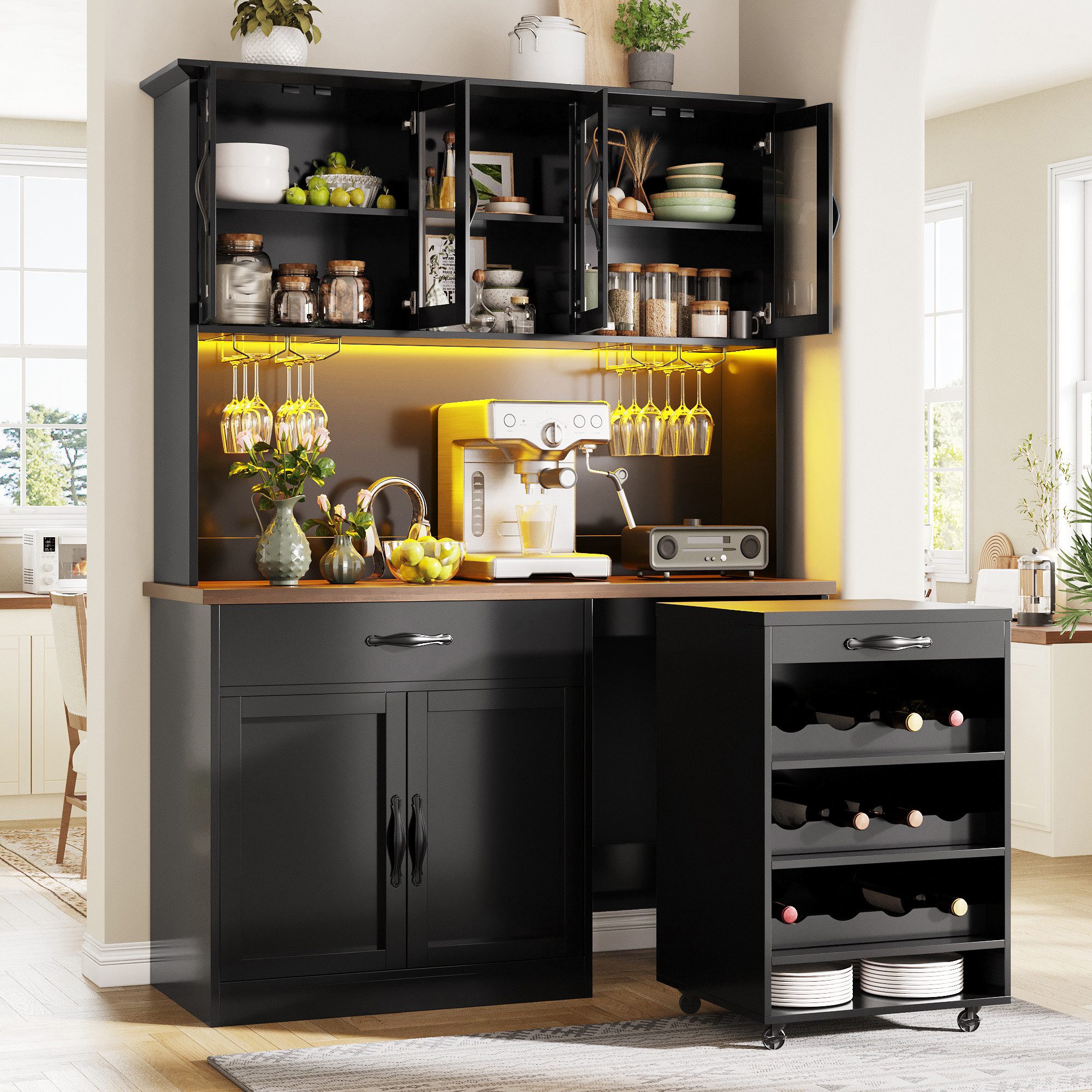 i@home Hochschrank Küchenschrank 140cm, mit Rollwagen, LED-Beleuchtung, Weinglasregal & Weinregal
