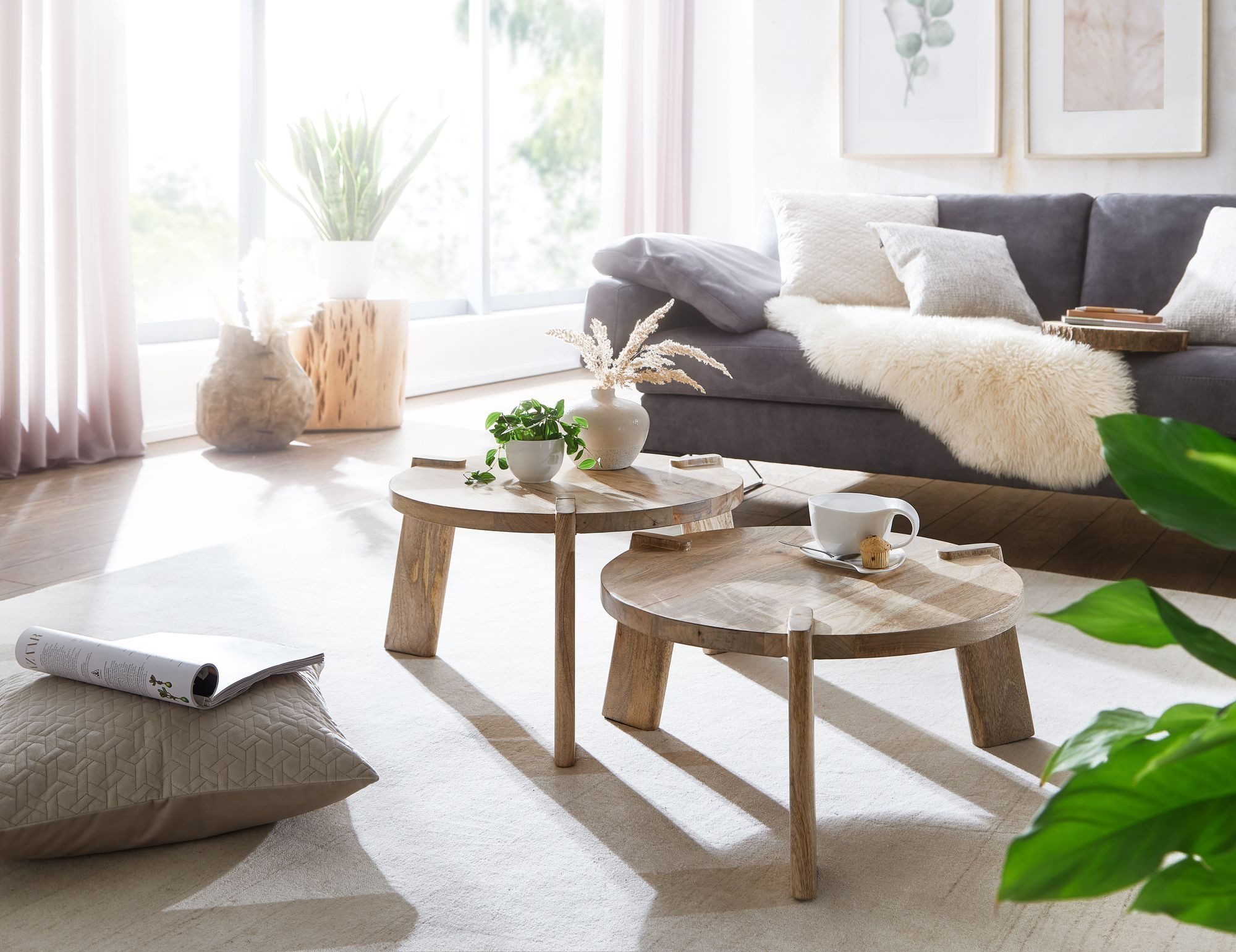 Wohnling Satztisch Couchtisch Set Rund Holz Massiv Wohnzimmertisch 2 teilig Beistelltisch (2er Set Mango Massivholz Wohnzimmertisch Hell), Couchtisch 2-teilig, Beistelltisch Modern