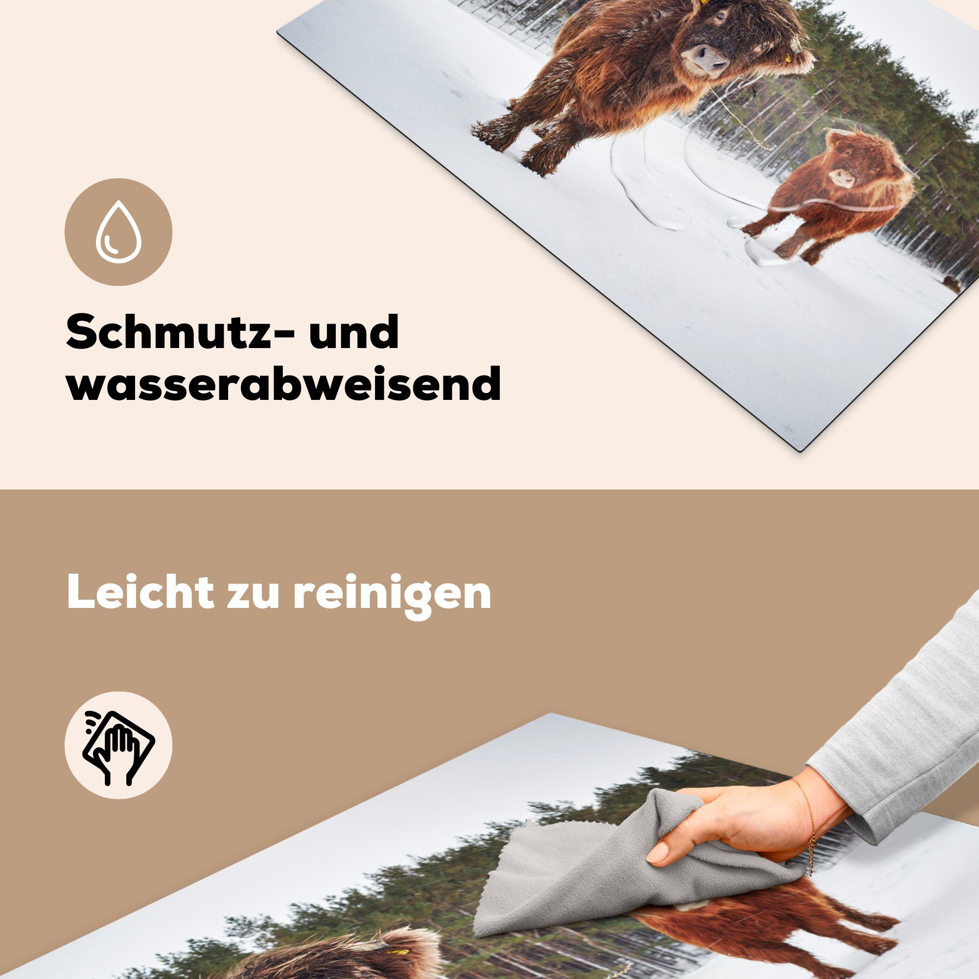 Induktionskochfeld Schottische Highlander 81x52 Herdblende-/Abdeckplatte Schutz für küche, - Ceranfeldabdeckung die Winter Vinyl, (1 MuchoWow Wald, cm, - tlg),