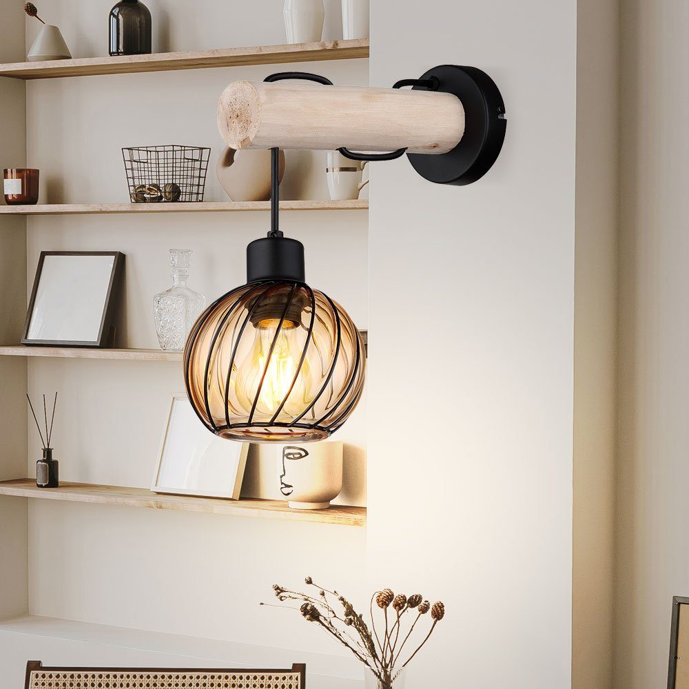 etc-shop Wandleuchte, Leuchtmittel nicht inklusive, Wandleuchte Holzlampe Glasschirm rund Wandlampe amber Glas