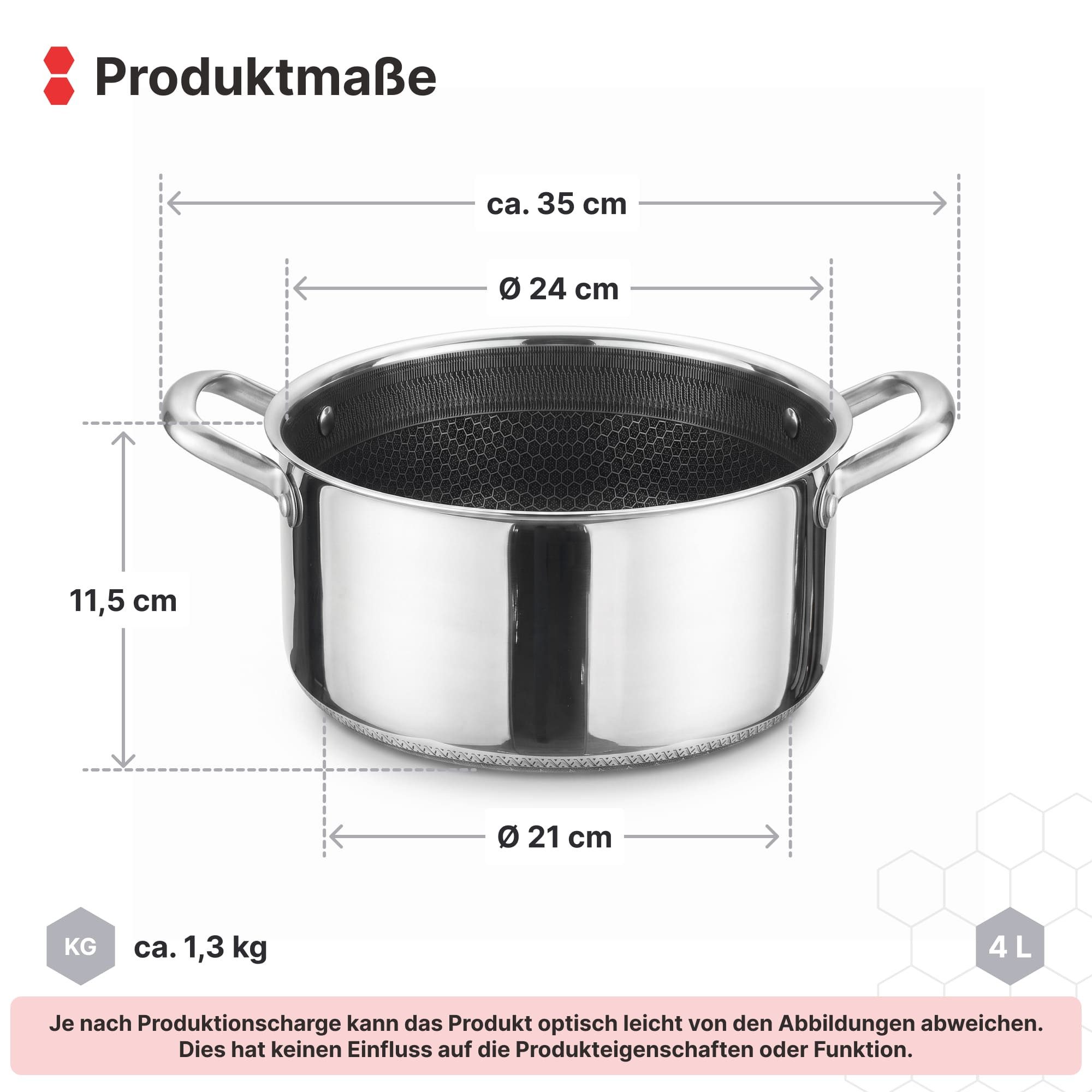 4BIG.fun Kochtopf Kochtopf 4 L Ø 24 cm Edelstahl Induktion Antihaft-Wabenstruktur, Edelstahl