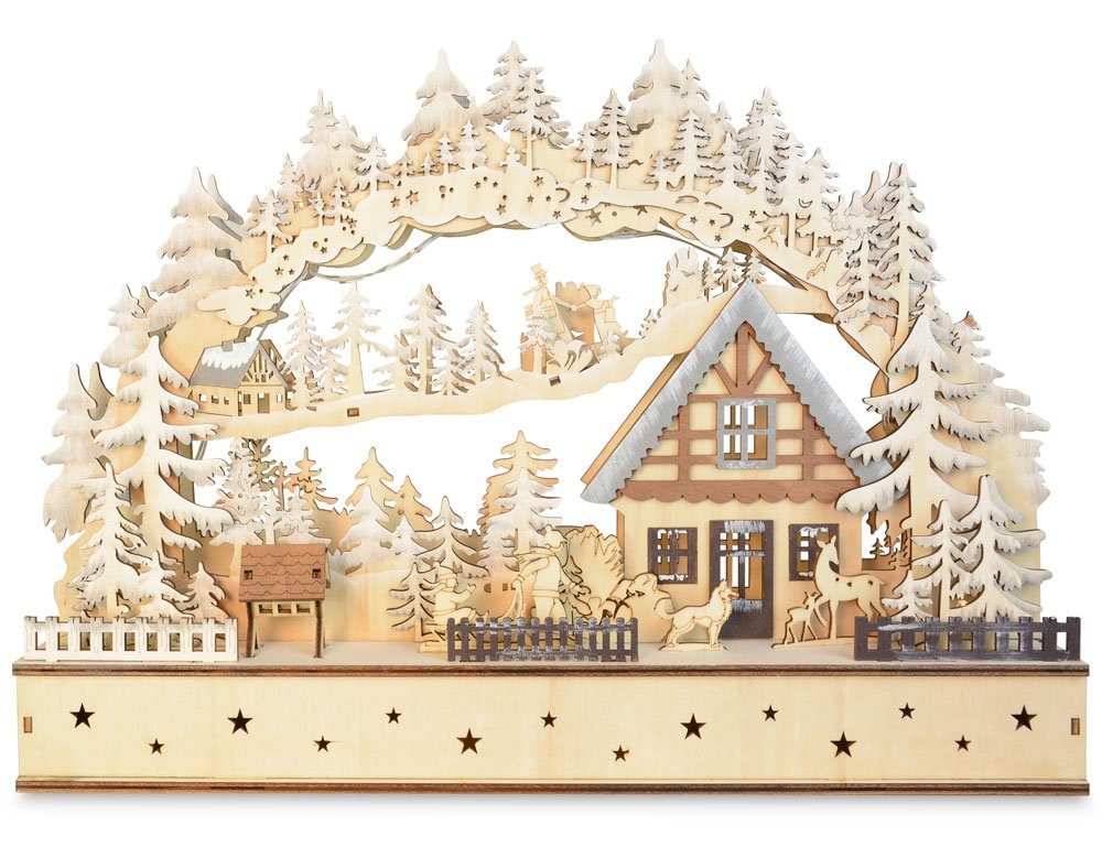 RIFFELMACHER & WEINBERGER LED Schwibbogen Winterkinder mit Landhaus 40 x 29 cm 76118, Natur - Holz Lichterbogen Fensterschmuck mit Timer