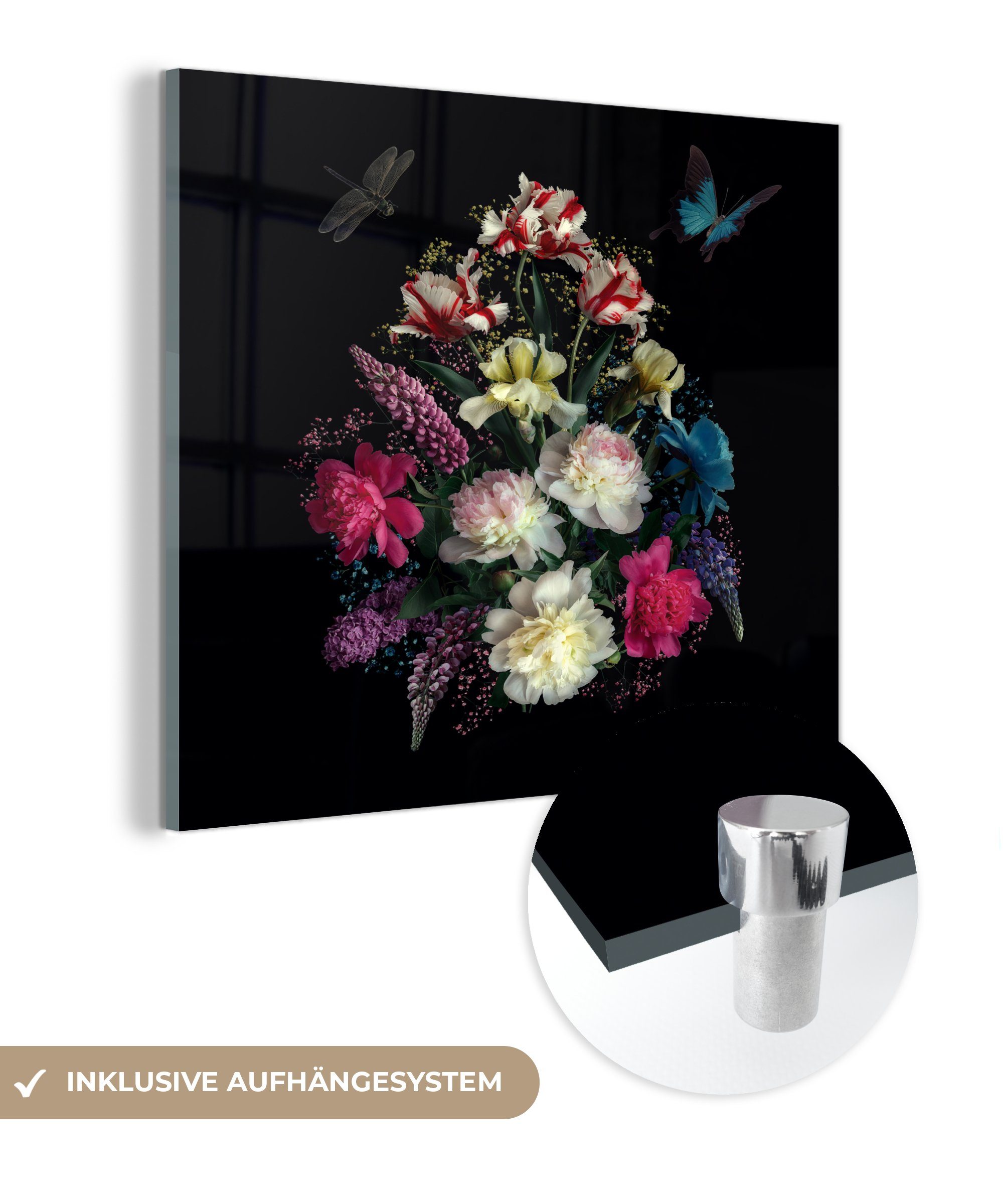 MuchoWow Acrylglasbild Blumen - Schmetterling Glas Bilder - - Glasbilder auf St), - Wandbild Glas Wanddekoration (1 - auf Foto Stilleben
