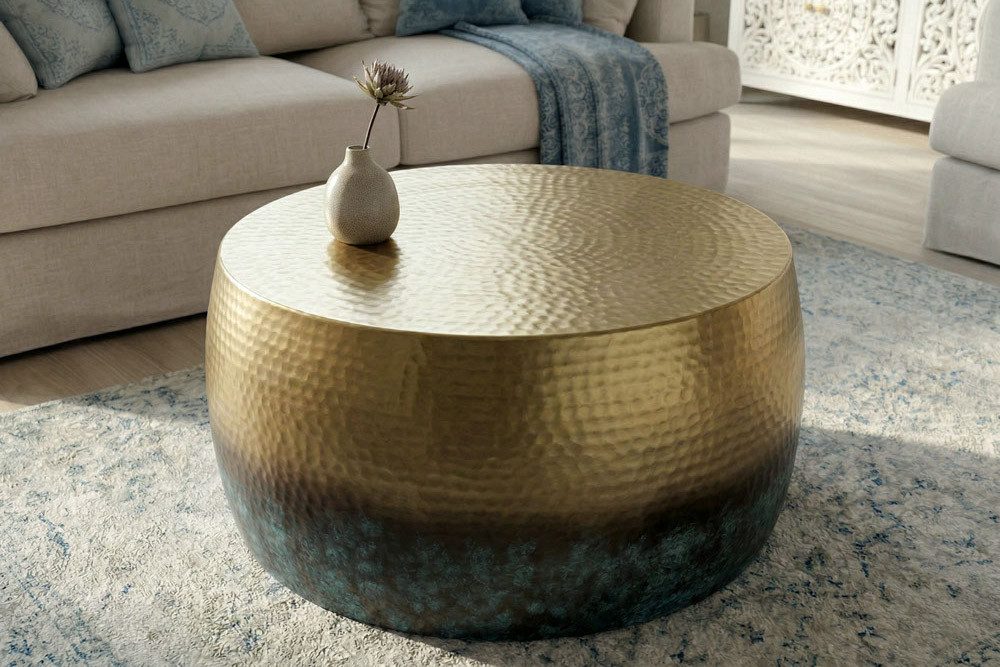 riess-ambiente Couchtisch ORIENT III Ø60cm gold / blau (Einzelartikel, 1-St), Wohnzimmer · rund · Metall mit Patina · Hammerschlag Design · handmade
