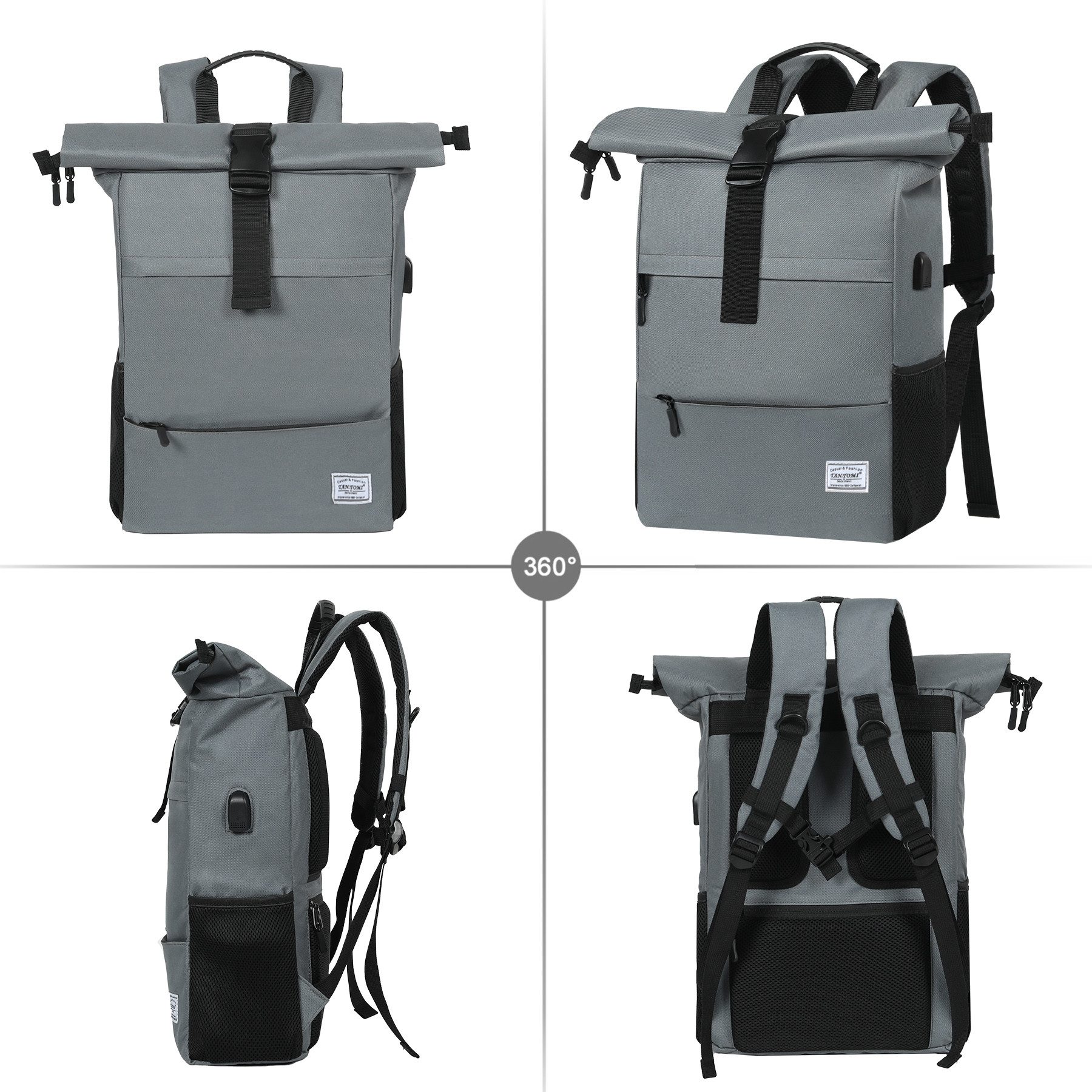 TAN.TOMI Cityrucksack Freizeitrucksack Groß Damen lässiger Rolltop Rucksack Herren Backpack (Arbeitsrucksack viele Fächer mit 15,6" Laptopfach/USB-Anschluss), Reiserucksack Lässiger Backpack Schule Freizeit Uni Arbeit Wandern