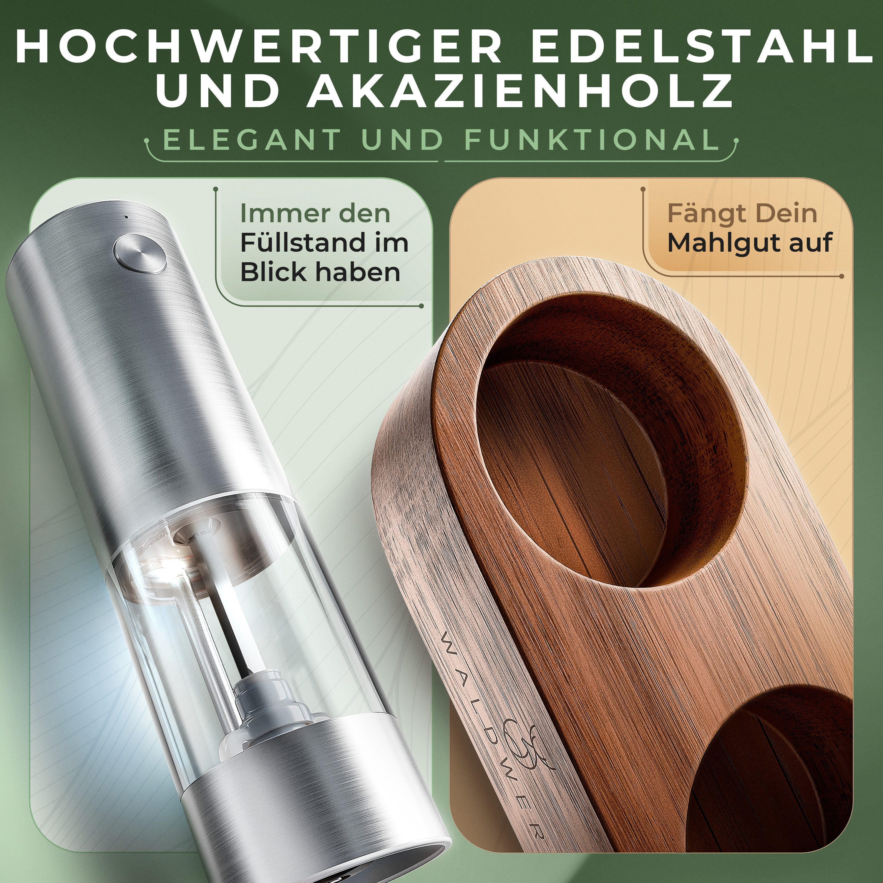 Waldwerk Salz-/Pfeffermühle Elektrische Salz- und Pfeffermühle (300 mAh Akku) mit Akazie-Halterung Akku, (2 Stück), Elektrische Mühle für Salz und Pfeffer