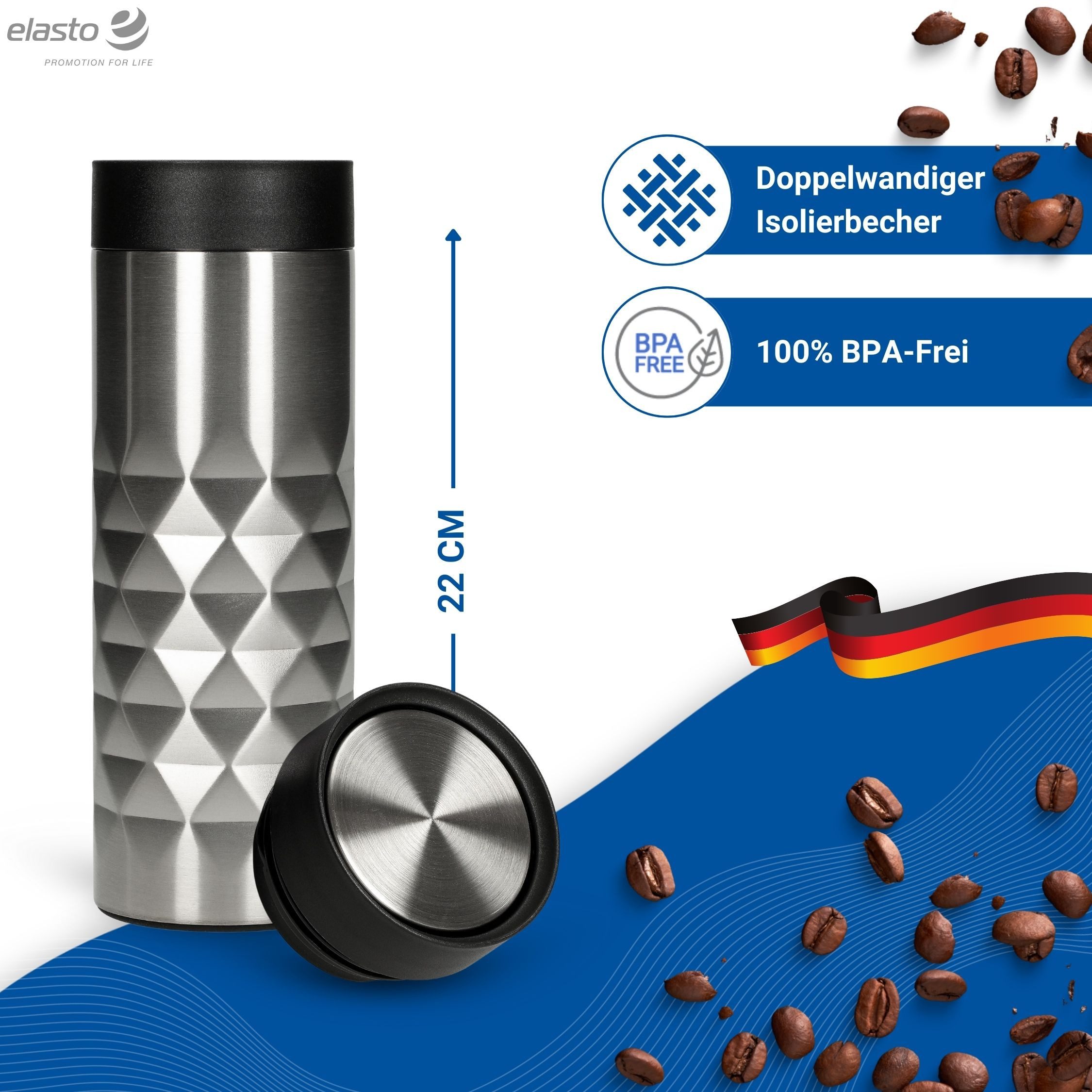 elasto Coffee-to-go-Becher Diamond 360 auslaufsicherer Thermobecher 450 ml, Kaffeebecher to go, Doppelwand, Leicht, Robust, 360 Grad Deckel