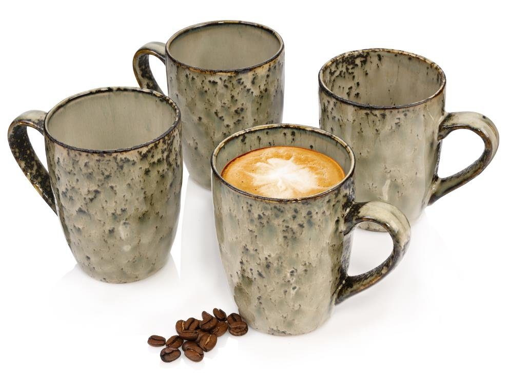 SÄNGER Becher Pompei Kaffeebecher Beige mit schwarzen Akzenten, 4-tlg., Steingut, 300 ml, Handmade, Premium Collection