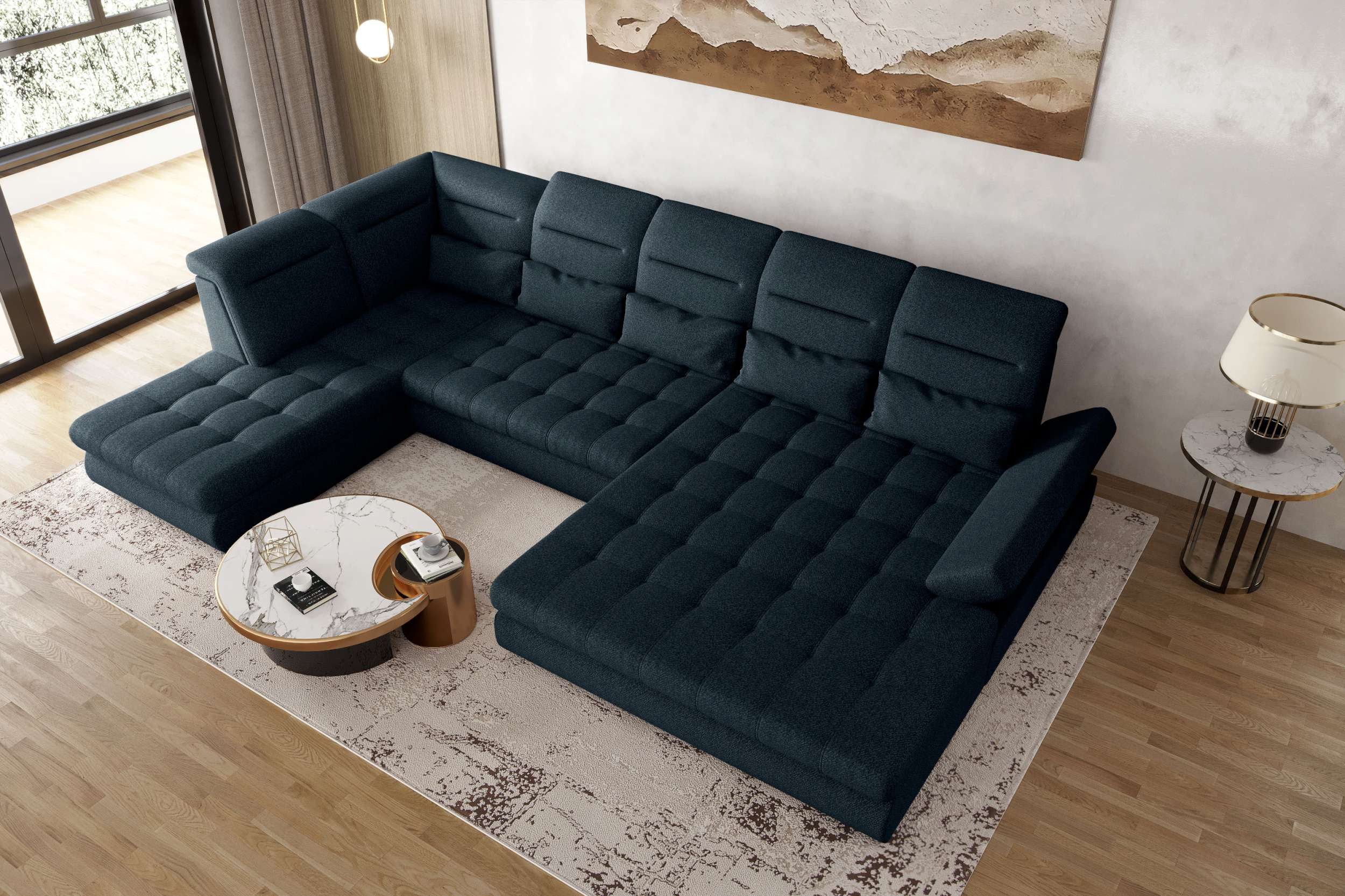 99rooms Wohnlandschaft Toscana, Sofa, U-Form, Bettfunktion, Rundumbezug aus gepolstertem Velours VOGUE