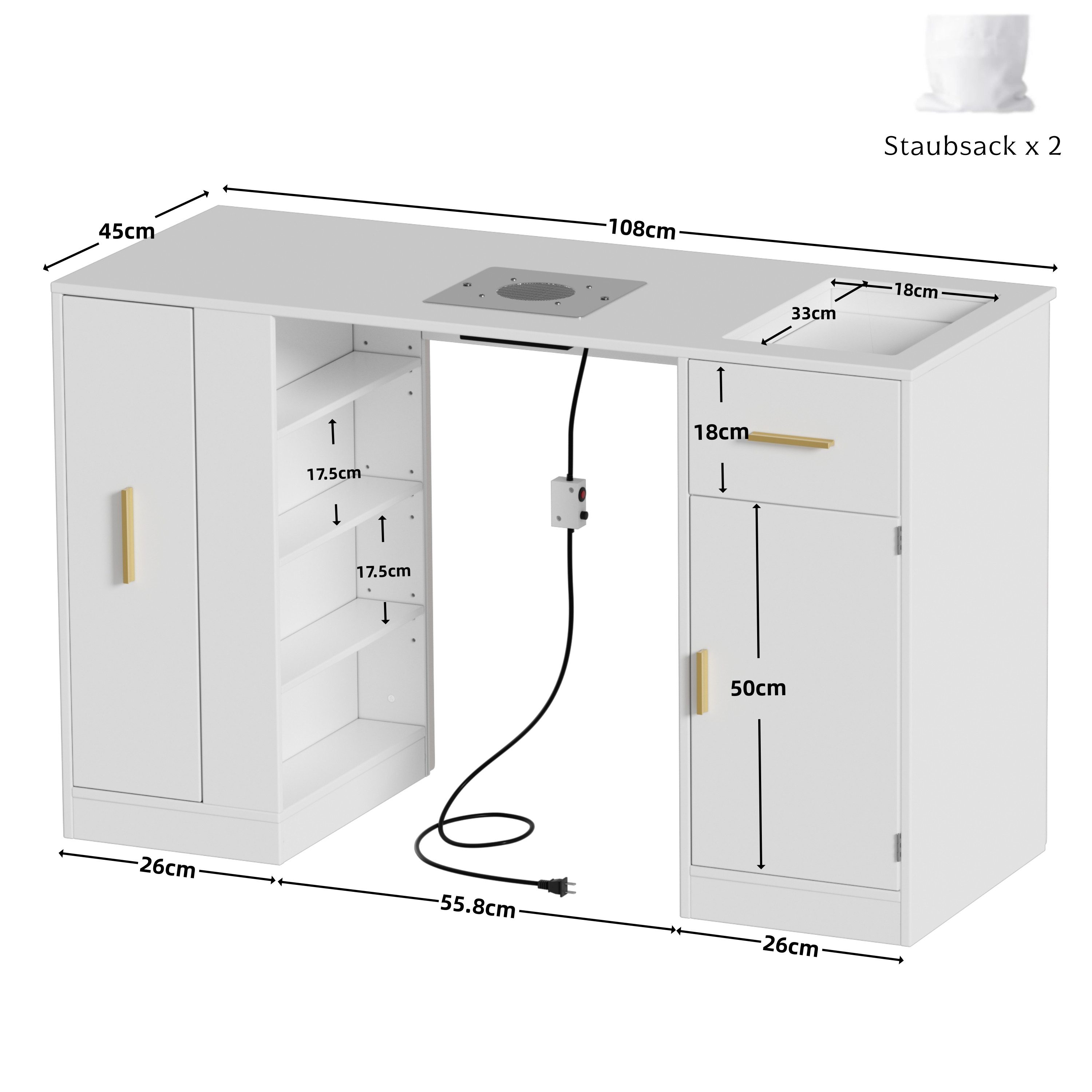 TWSOUL Arbeitstisch Nageltisch mit Absaugung, Staubbeuteln & viel Stauraum, mit Lederpolster, Schublade, Schrank & offenen Regalfächern, Weiß