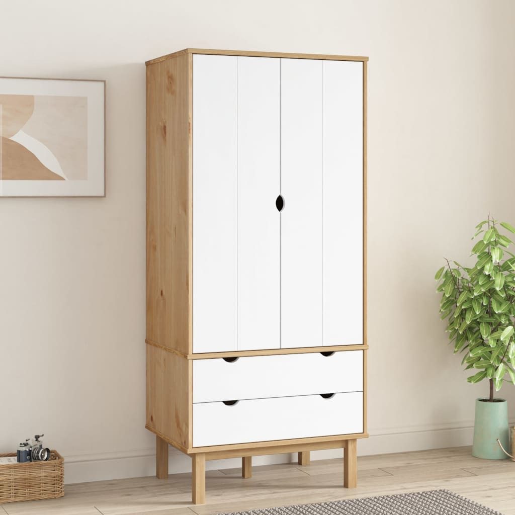 furnicato Kleiderschrank OTTA Braun&Weiß 76,5x53x172 cm Massivholz Kiefer Garderobenschrank mit 2 Schubladen und großem Fach für Schlafzimmer