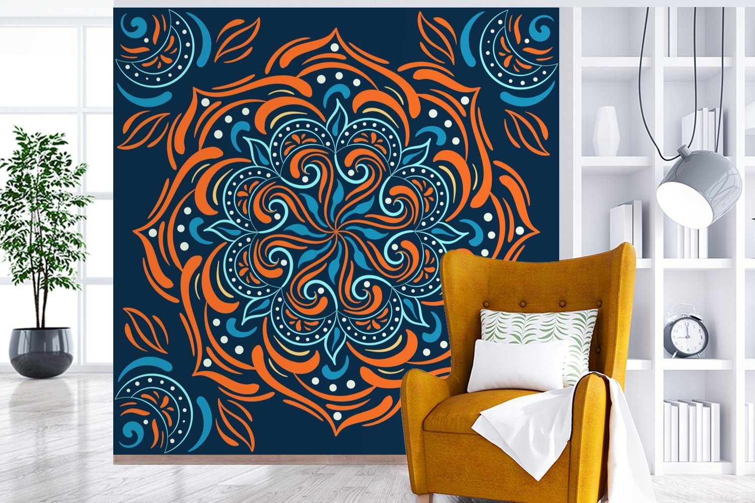 Schlafzimmer, - - - MuchoWow (5 Blau oder Matt, Orange Tapete Wandtapete Muster, für Vinyl bedruckt, Mandala Fototapete Wohnzimmer St),