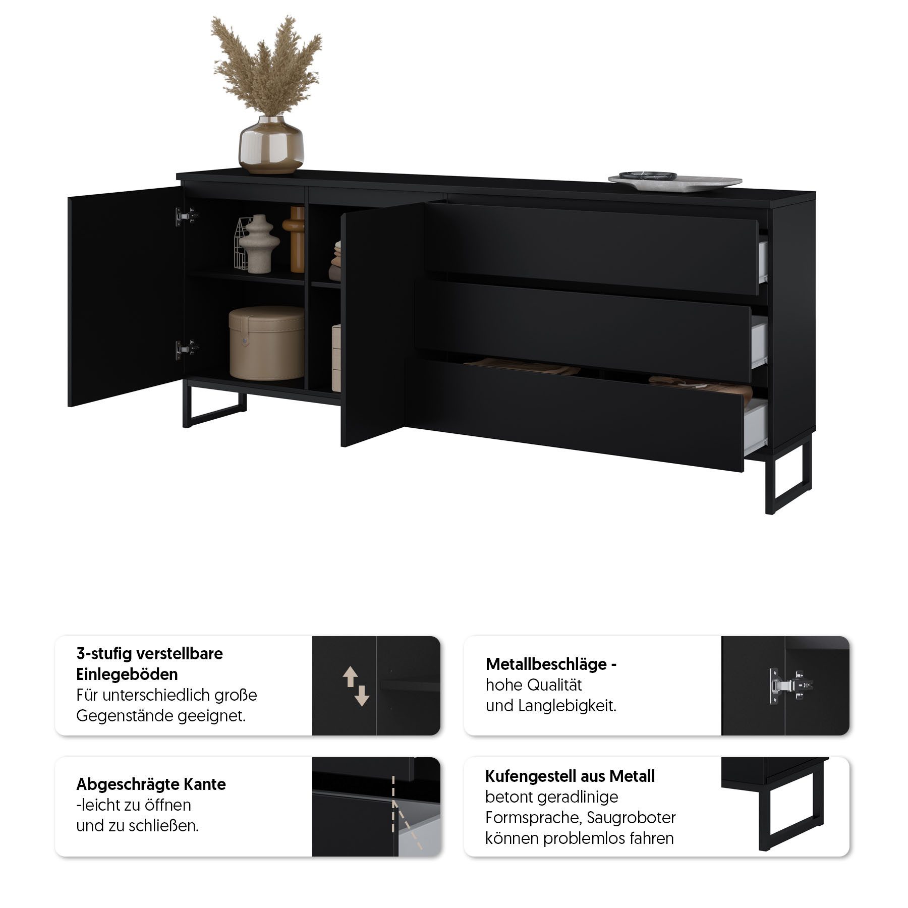 OTTO home Sideboard Modo II, Breite 200 cm, moderne grifflose Kommode 2Türen/3 SK, Schubladenkommode viel Stauraum, Einlegeböden verstellbar, Metallkufen