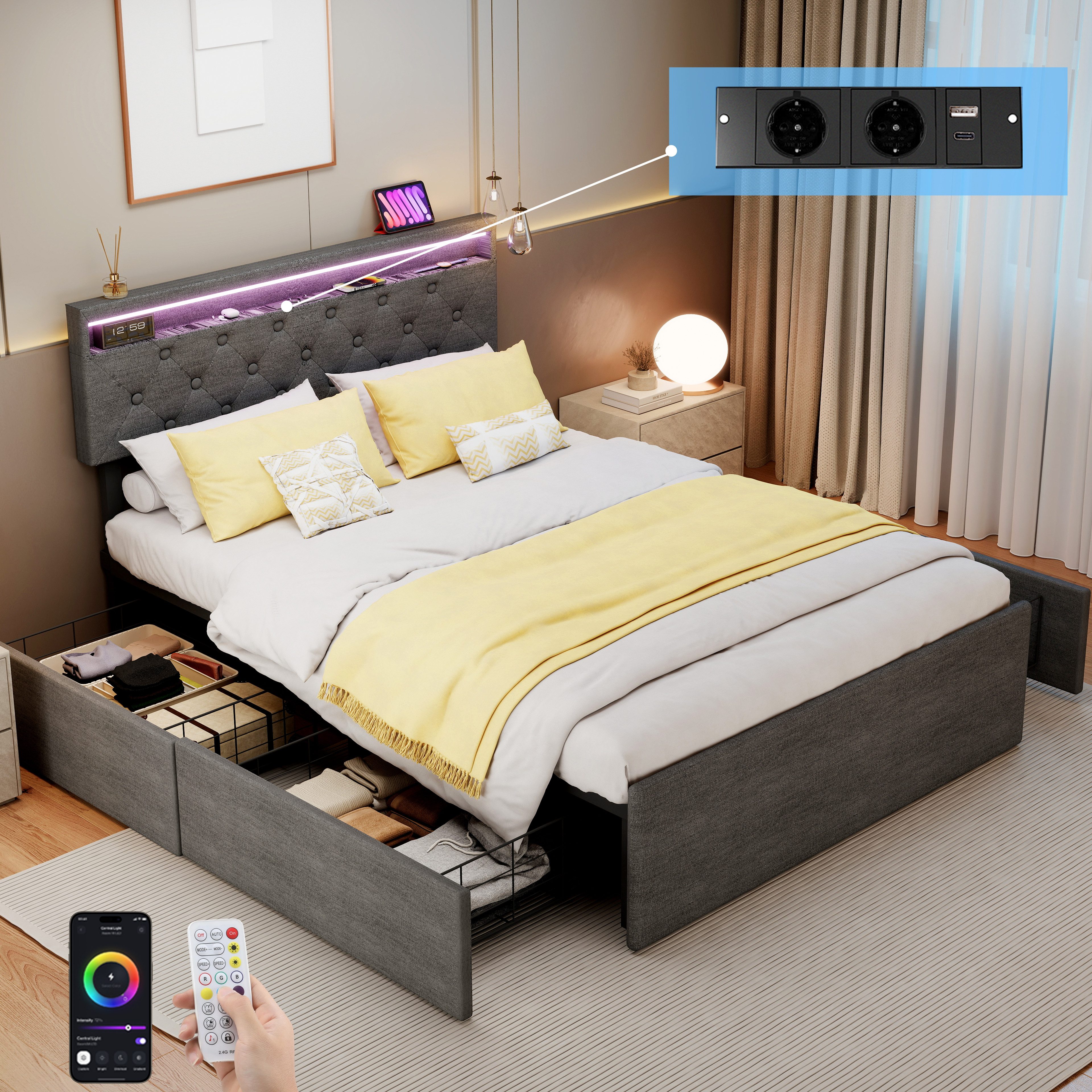 oyajia Polsterbett LED Doppelbett 140x200cm mit Ladefunktion und 4 Schubladen Polsterbett (Modernes Jugendbett, Leises Design Bett, Max. Belastbarkeit 365 kg), 140x200 cm, ausziehbare Bettkästen, LED-Licht, gepolstertes Kopfteil
