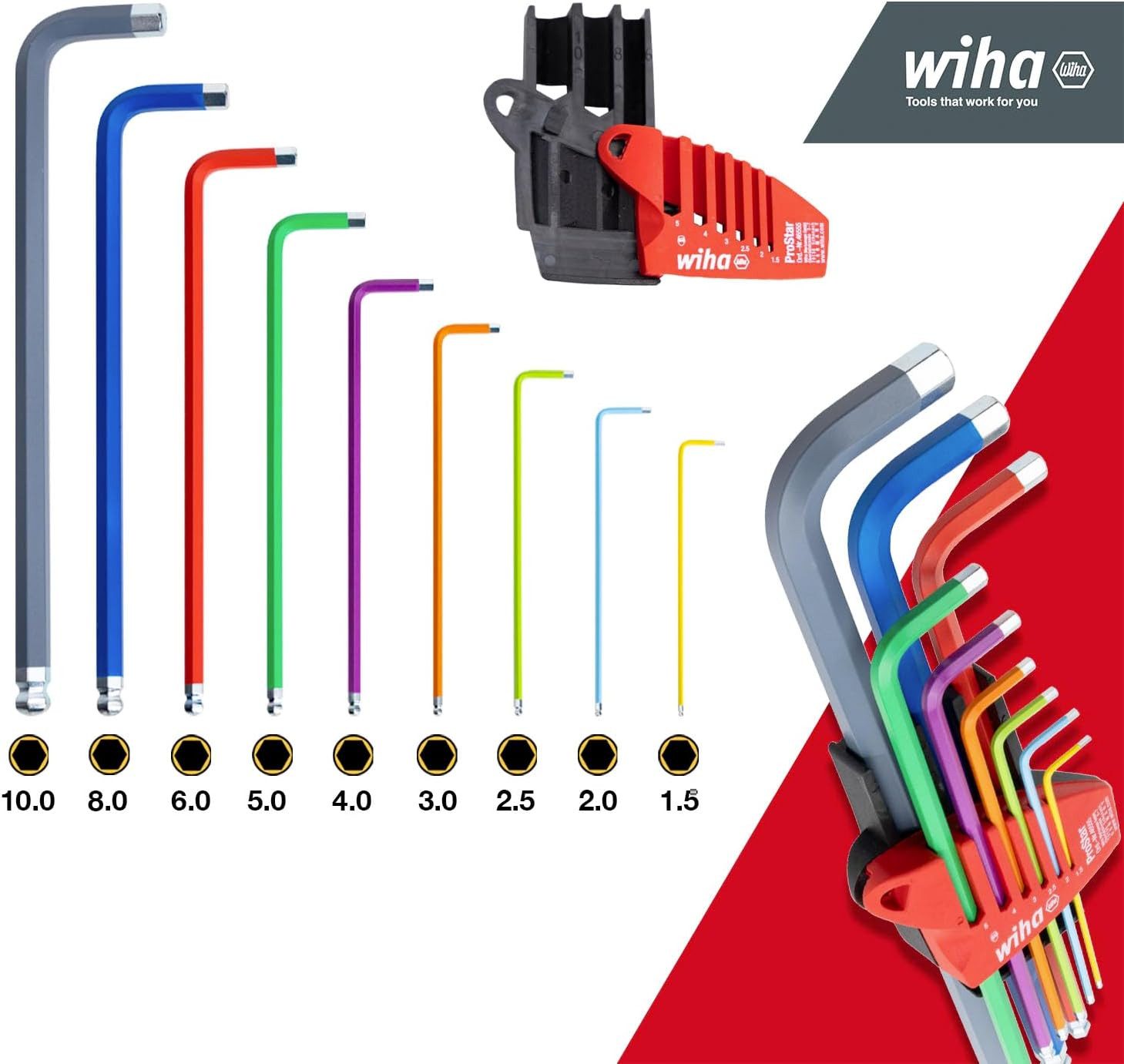 Wiha Stiftschlüssel ProStar Halter (46555) - 14 tlg., Innensechskant-Kugelkopf, UV-Leuchtend, Kippen und Entnehmen