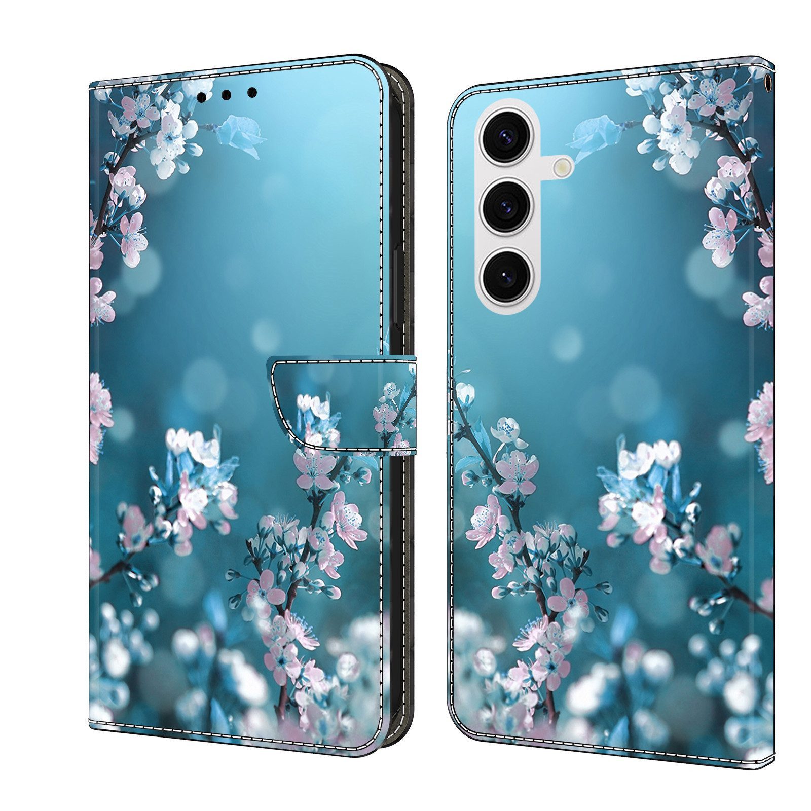 CLM-Tech Handytasche für Samsung Galaxy A57 5G Klapphülle aus PU Leder (Pflaumenblüte blau, 1-tlg., Flip Case), Magnetverschluss, Standfunktion und Kartenfächer