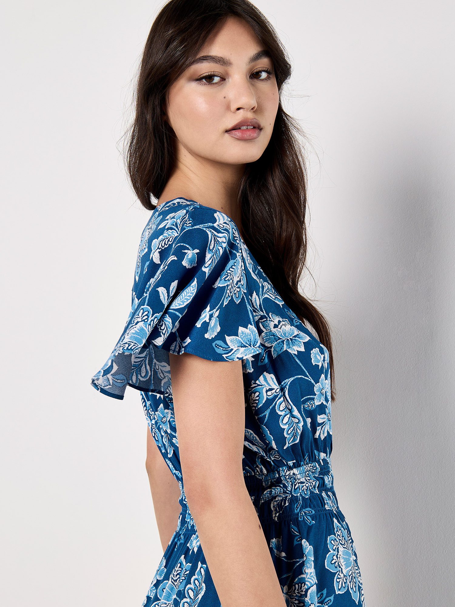 Apricot Druckkleid Sarasa Wickel-Minikleid mit Flügelarmen