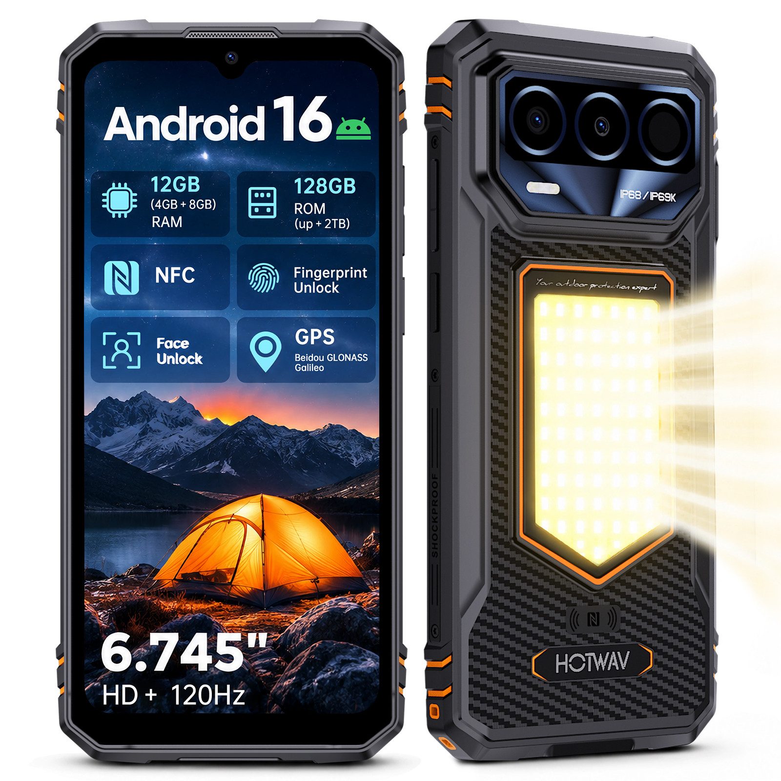 HOTWAV T8 rugged Smartphone mit Campinglicht, Android 16, 12 + 128GB, Outdoor Smartphone (17,1 cm, 16 MP Kamera, 6200mAh Akku, IP68/IP69K, NFC, Fingerabdruck, Face Unlock, 4G Handy)