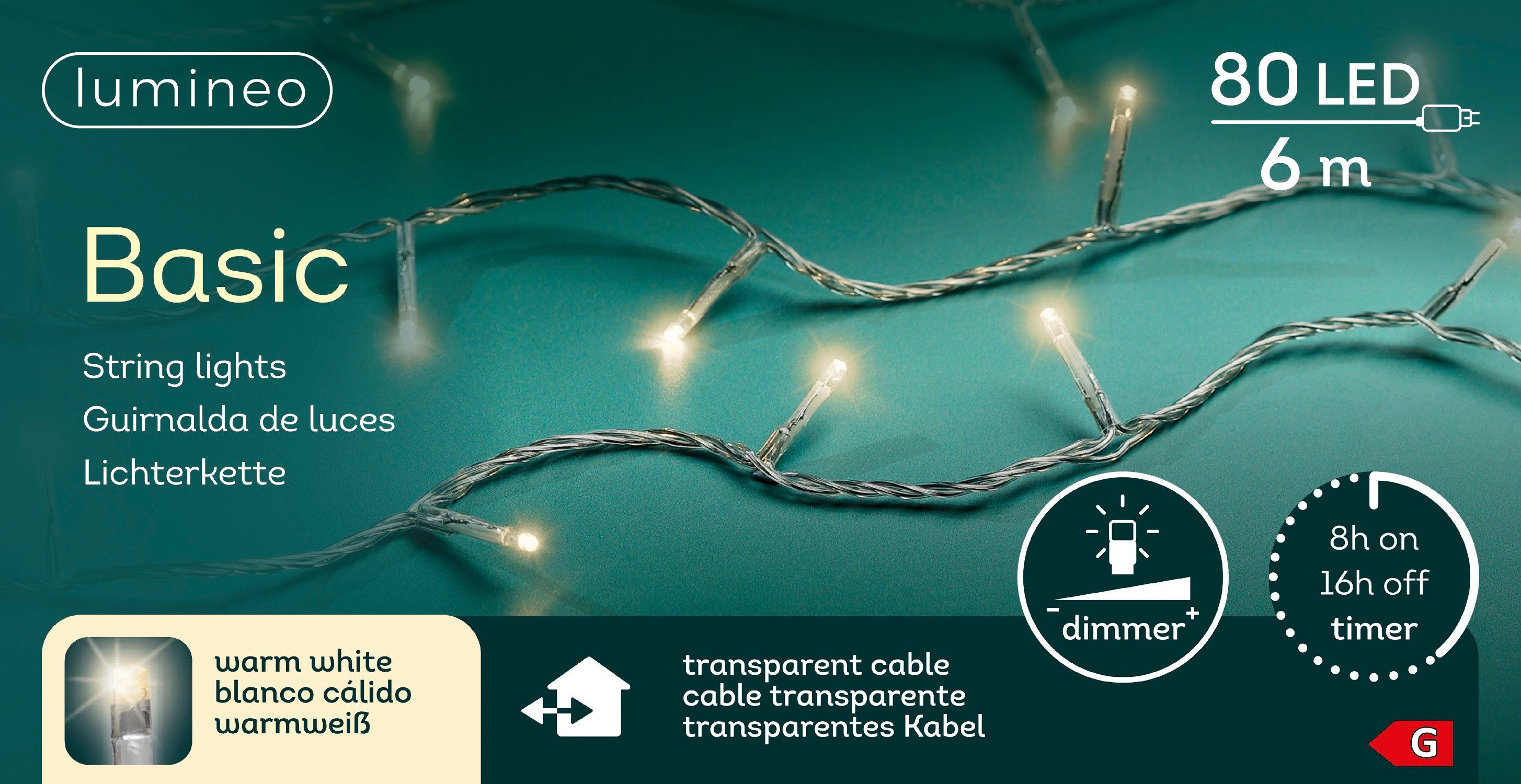 Lumineo LED-Lichterkette Lumineo Lichterkette BASIC 80 LED 6 m warm weiß, transparentes Kabel, Indoor/Outdoor, dimmbar, 8h-Timer, + 5 m Zuleitung