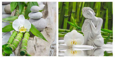 Levandeo® Glasbild, levandeo 2er Set Glasbild 30x30cm Buddha Weiße Orchidee Bambus