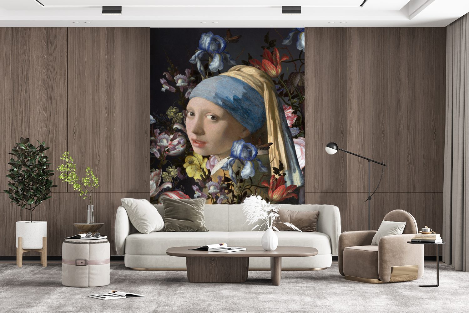 Montagefertig - für Wohnzimmer, Vermeer Perlenohrring Das - (3 St), MuchoWow Matt, Tapete bedruckt, mit dem Johannes Fototapete Mädchen Blumen, Wandtapete Vinyl