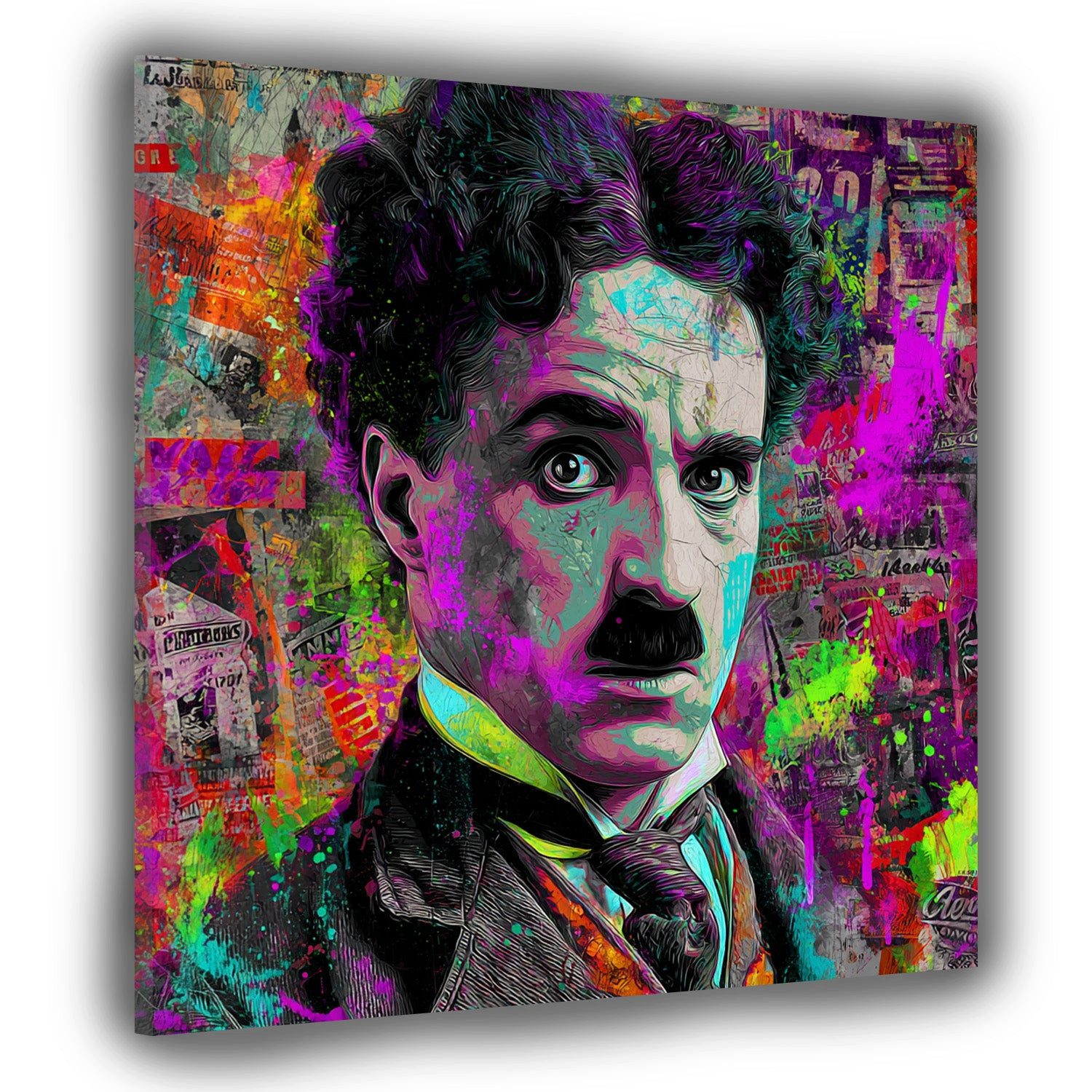 Artedinoi Leinwandbild Pop Art Chaplin Porträt Neonfarben Leinwandbild Wandbild Kunstdruck XL, Chaplin in Neonfarben