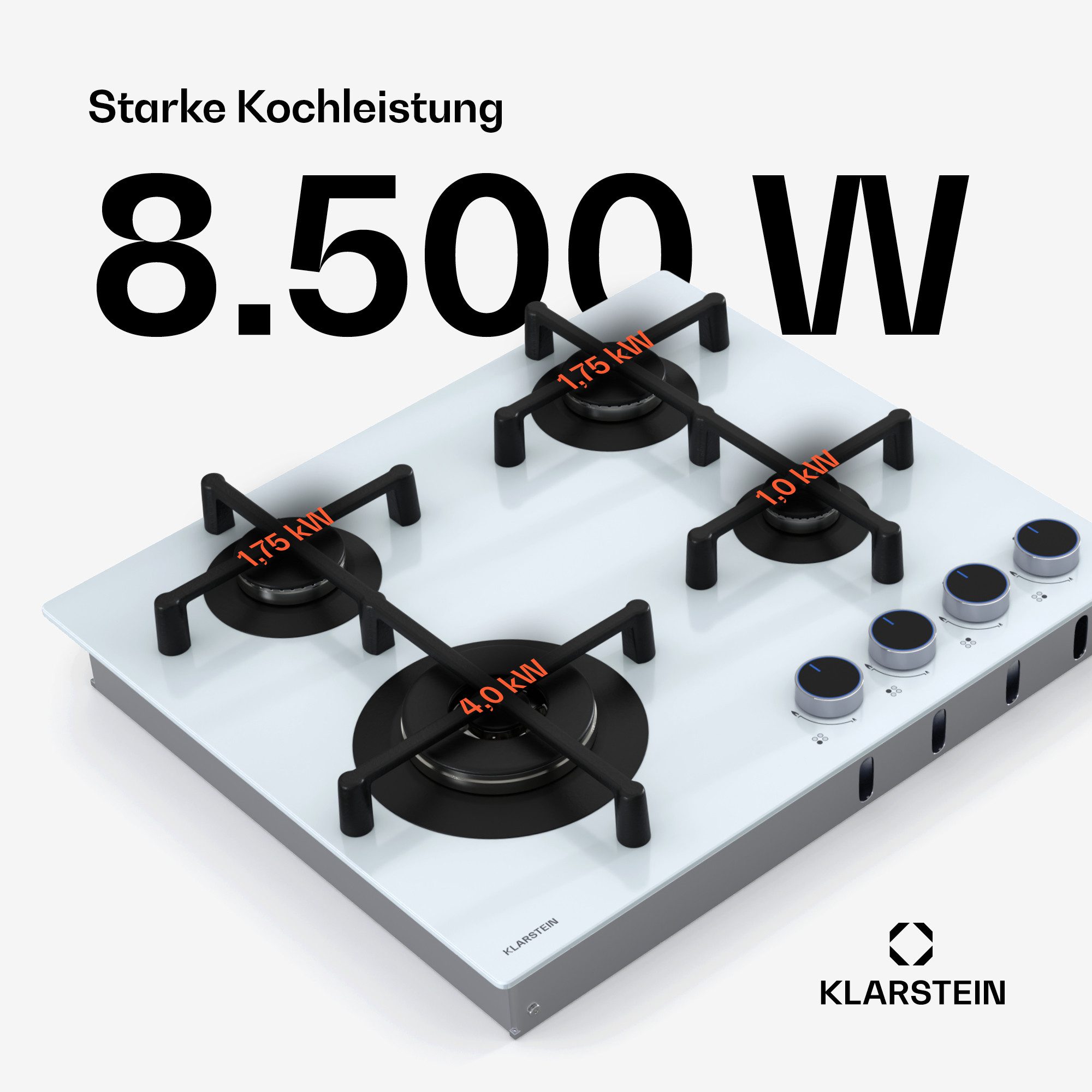 Klarstein Gas-Kochfeld Illuminosa 4, Gaskochfeld 4-flammig Sabaf-Brenner Glaskeramik