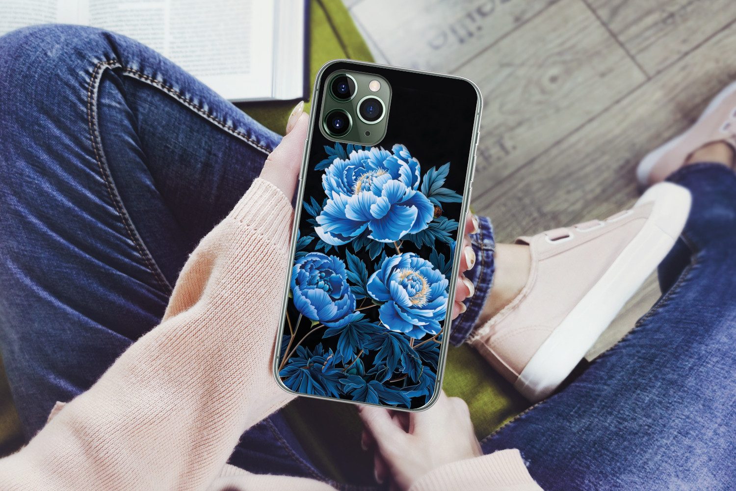 MuchoWow Handyhülle für Apple iPhone 11 Pro Blumen - Schwarz - Blau - Modern, Smartphone-Bumper, Print, Handy Schutzhülle Dünn