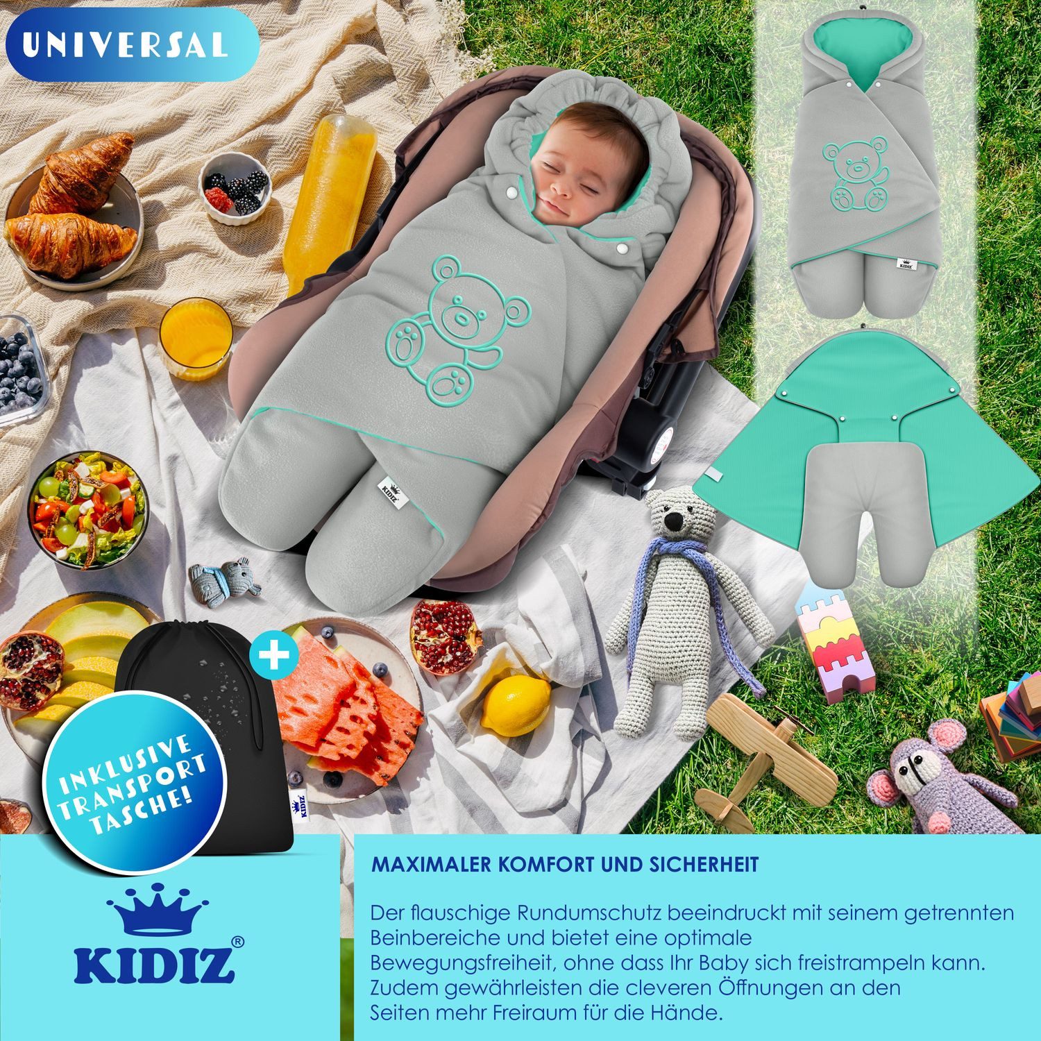 KIDIZ Deckenschlafsack, Baby Einschlagdecke mit Tasche für Winter & Herbst Babydecke Fußsack