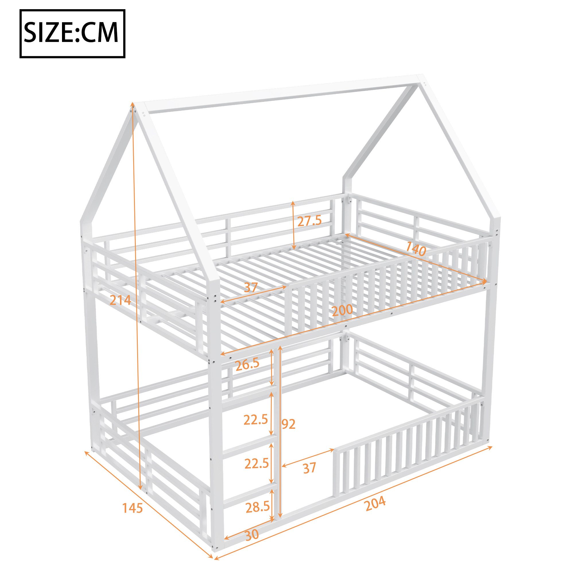 Merax Etagenbett mit LED-Beleuchtung (Hochbett Kinderhaus Hausbett, 1-St), Metallbett Kinderbett 140x200cm mit Zaungeländer Spielbereich Dach – Bild 5 von 5