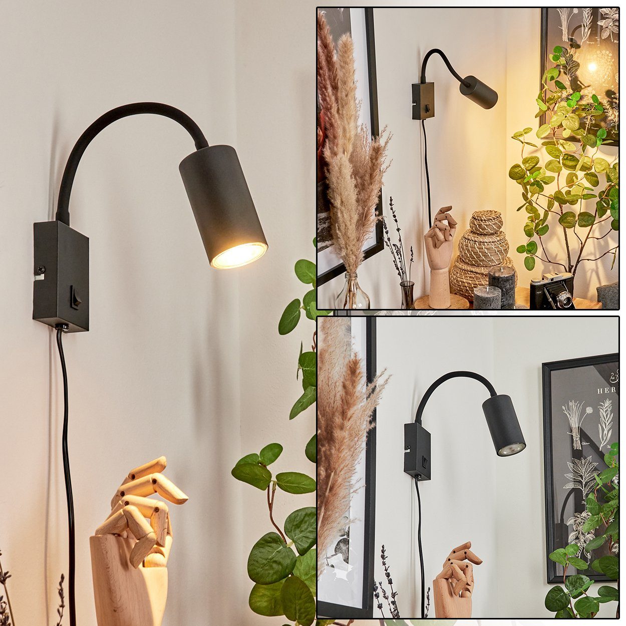 hofstein Wandleuchte »Gambellara« verstellbare Wandlampe aus Metall in  Schwarz-matt, ohne Leuchtmittel, GU10, Leselampe mit verstellbarem Lesearm  & An- & Ausschalter