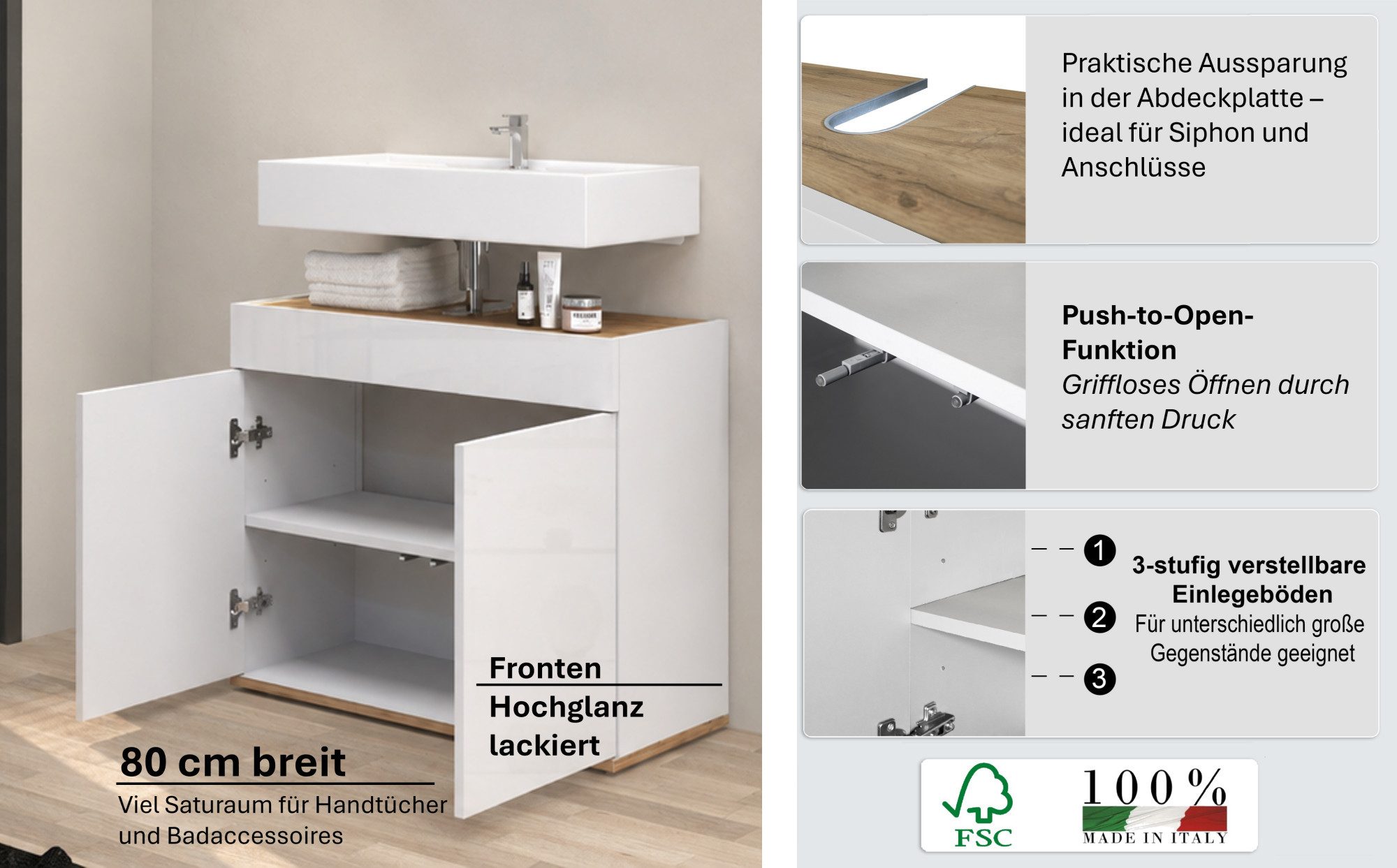 welltime Waschbeckenunterschrank Garda (1-St) Made in Italy, Fronten Hochglanz lackiert, viel Saturaum