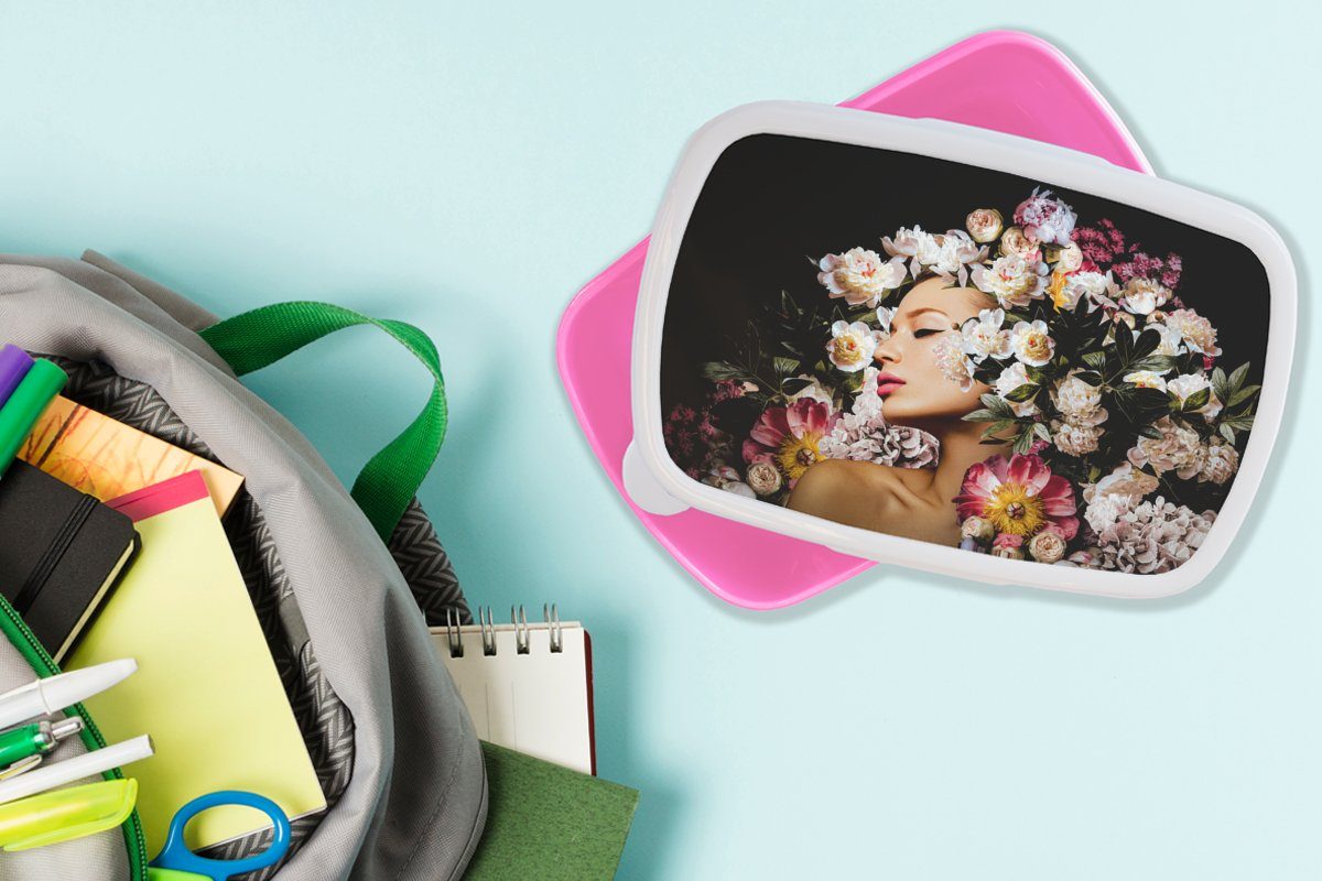 Kunststoff, rosa Kinder, Frauen Blumen Snackbox, - für MuchoWow Kunststoff Brotbox - Rosen Mädchen, Erwachsene, - Lunchbox Porträt, (2-tlg), Brotdose