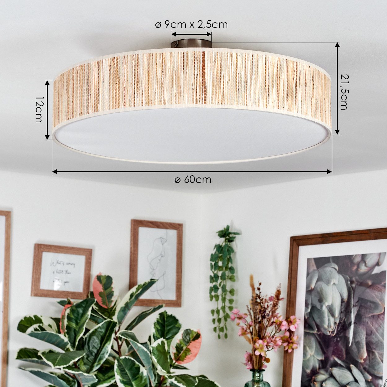 hofstein Deckenleuchte Deckenlampe aus Metall/Binsenstroh/Stoff/Kunststoff in Beige/Weiß, Deckenleuchte im modernen Boho-Design, Ø 60 cm, E27 – Bild 4 von 5