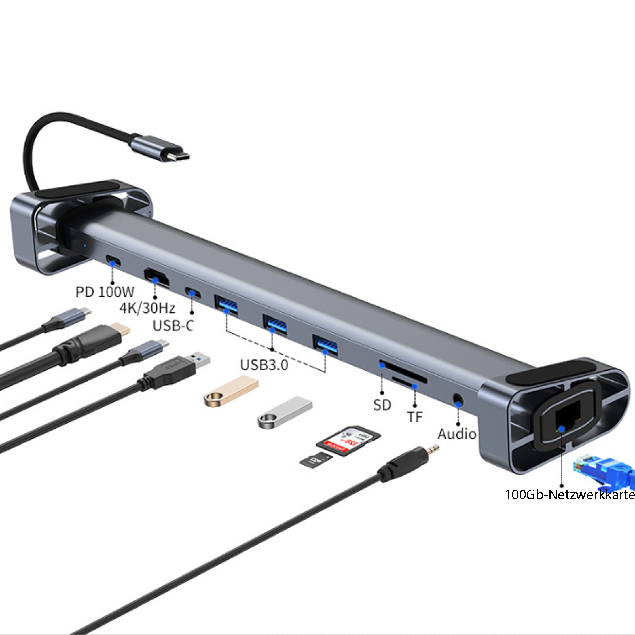 KINSI Laptop-Dockingstation 10-in-1 USB-C Dockingstation mit 4K HDMI, 100W PD & USB 3.0, Universeller USB-C Hub für Laptop,MacBook,PC und mehr