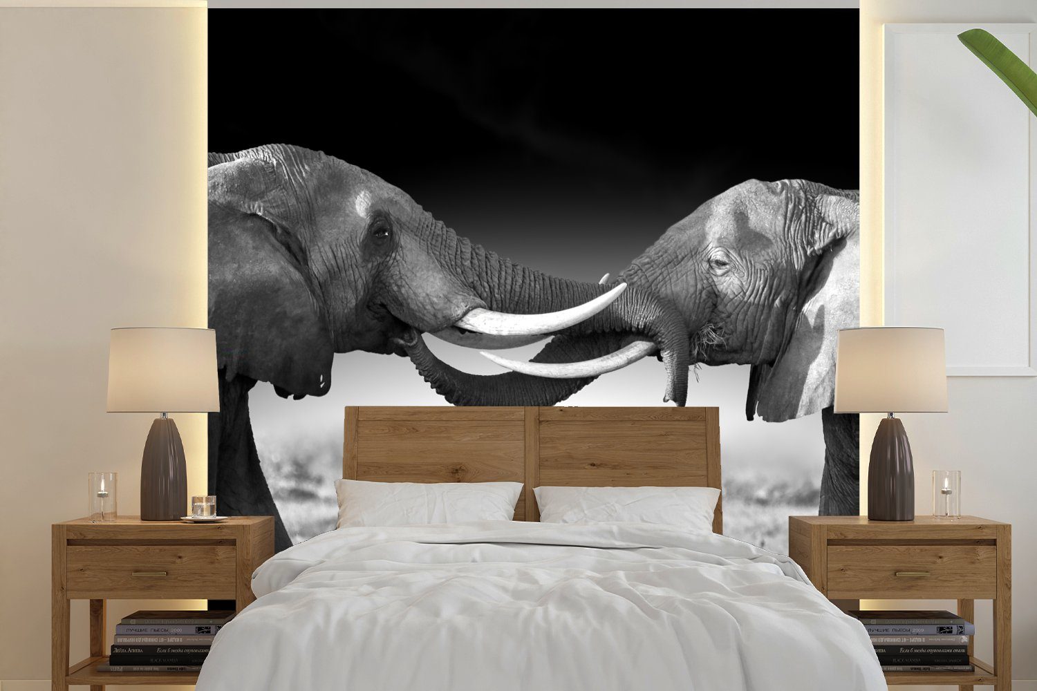MuchoWow Fototapete Elefant - Tiere - Schwarz und weiß - Porträt - Landschaft, Matt, bedruckt, (4 St), Vliestapete für Wohnzimmer Schlafzimmer Küche, Fototapete