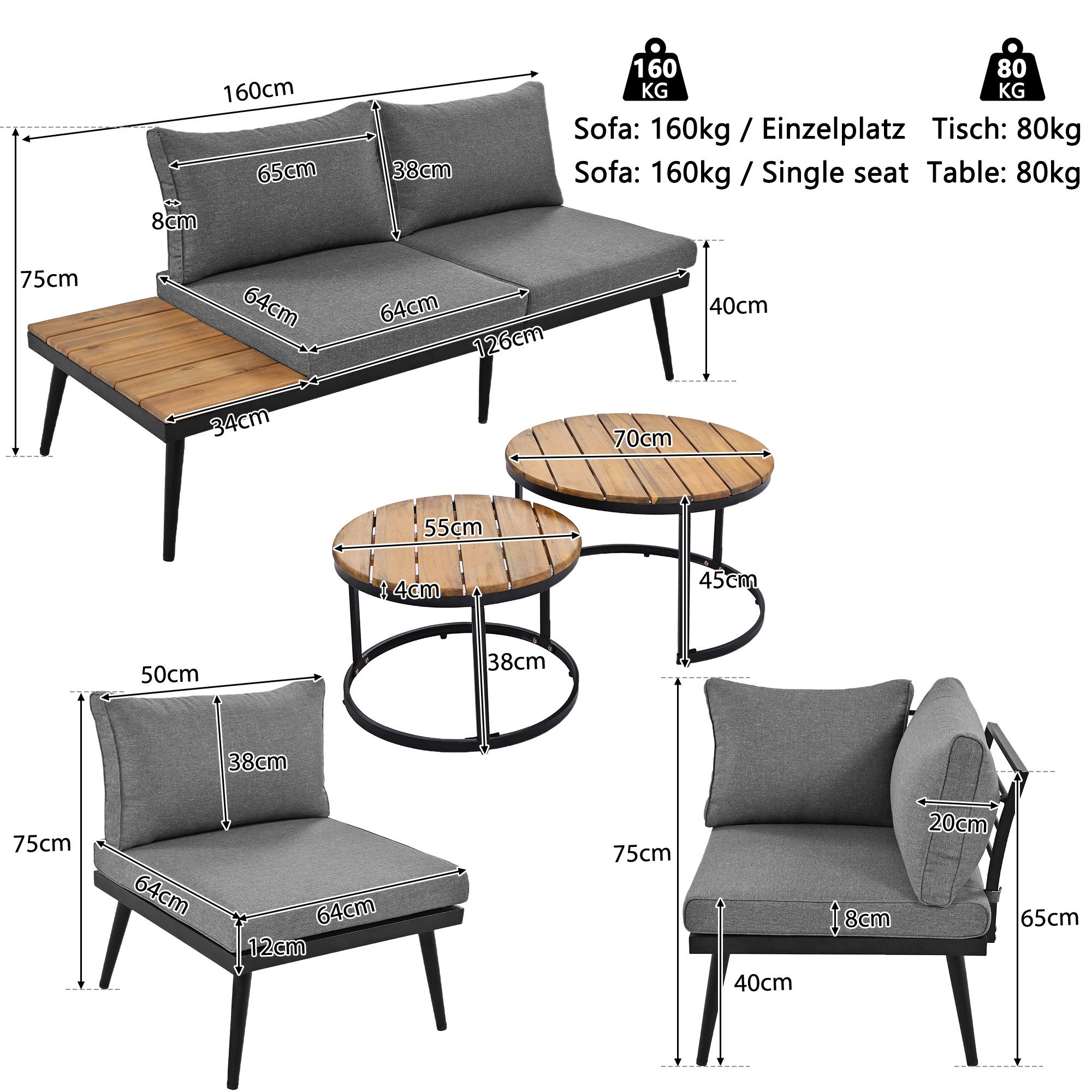 IDEASY Gartenlounge-Set für 5-6 Personen, verzinkter Eisenrahmen, Outdoor-Möbelgruppe, (6-tlg inkl. 2x2er-Sofa, 2xSessel, 2xBeistelltisch), für Terrasse/Balkon, Indoor-Outdoor geeignet
