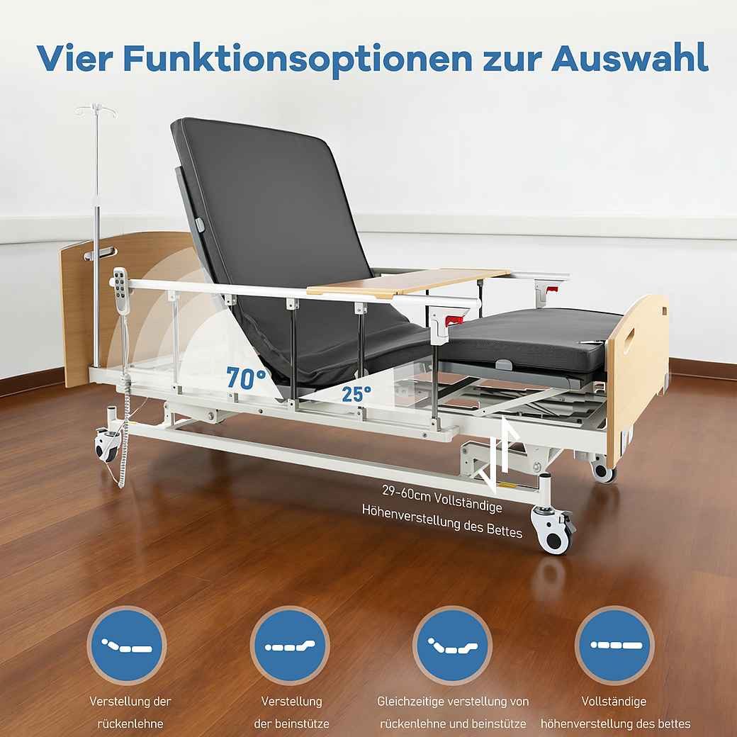 Vankel Bett Elektrisches Pflegebett mit 4 Funktionen, Matratze & max.205kg (Seitenschutz und Lattenrost inklusive, elektrisch verstellbar), mit Fernbedienung, S – Bild 4 von 5