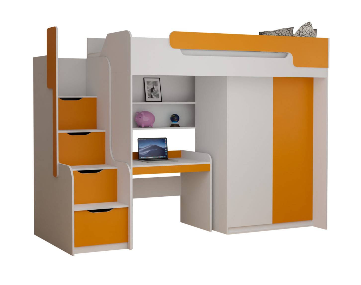 Möbel-Zeit Hochbett Hochbett DORIAN Schreibtisch Schrank orange und mit